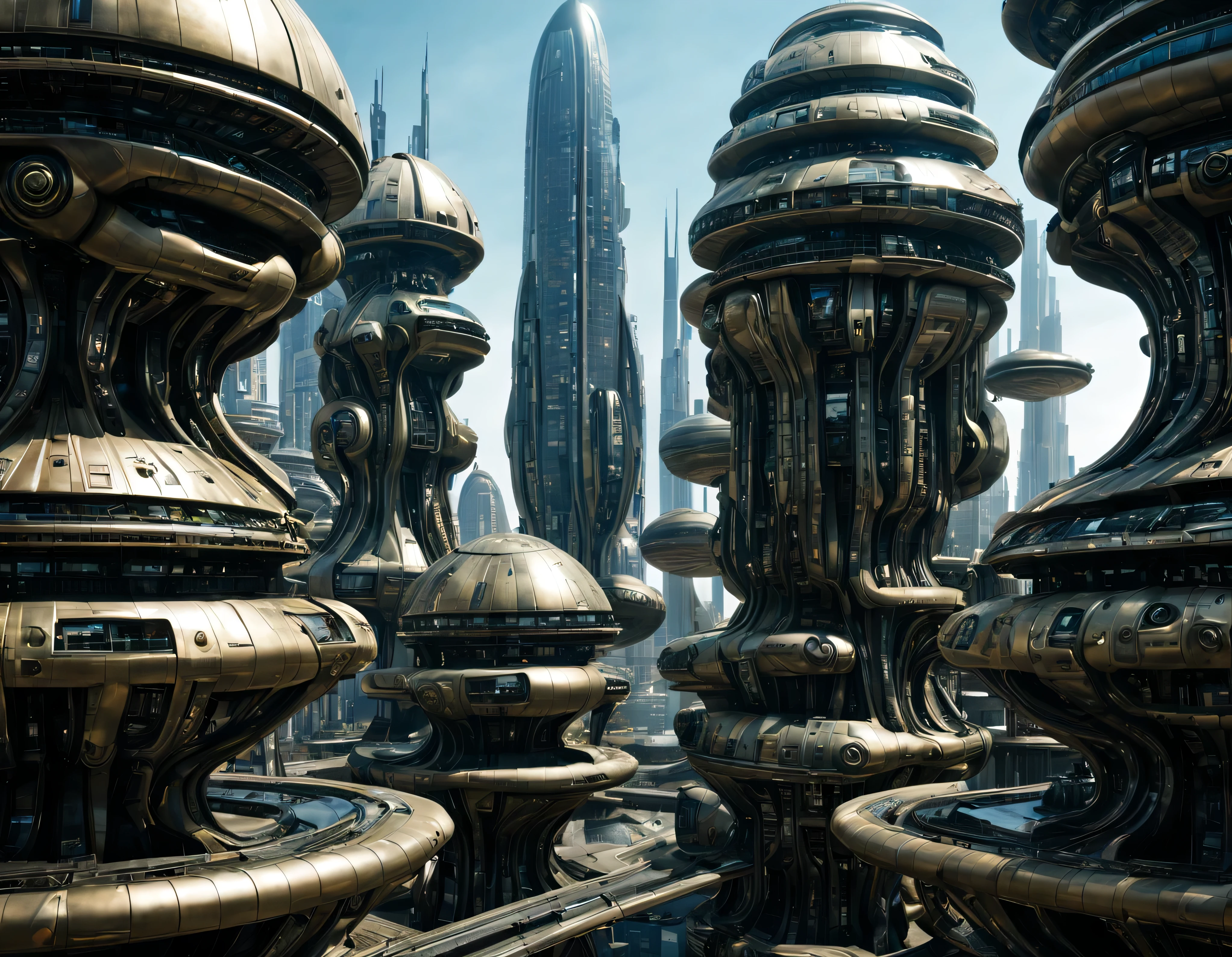 street of an extraterrestrial alien city with futuristic and technological architecture in its metal and glass conglomerado de buildings, donde predomina el oro, la plata y el bronce, some aliens walking around, ventanas iluminadas, all full of imagination, science fiction and (intrincados detalles de la maquina).imagen fotorrealista, Maximum sharpness, calidad 8k.(obra maestra de calidad superior). 3D.