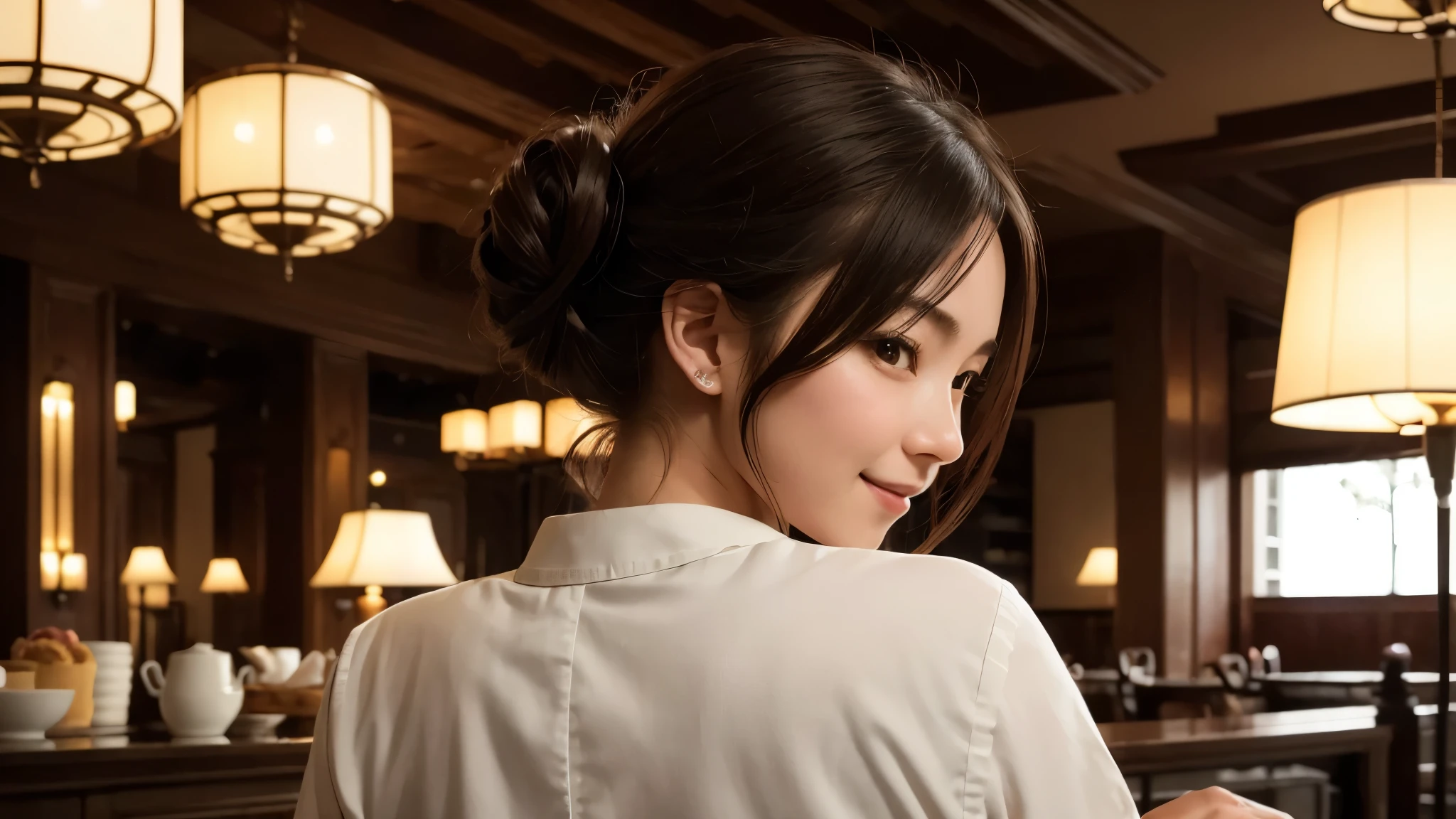 masterpiece, award winning, high quality, super detail, 8k, photo, girl, solo, smile, she is a pastry chef, chef's attire, portrait style, from behind, close up, she comes from Japan, Like a magazine interview, at the cafe, antique interior, beautiful sweets, soft lighting