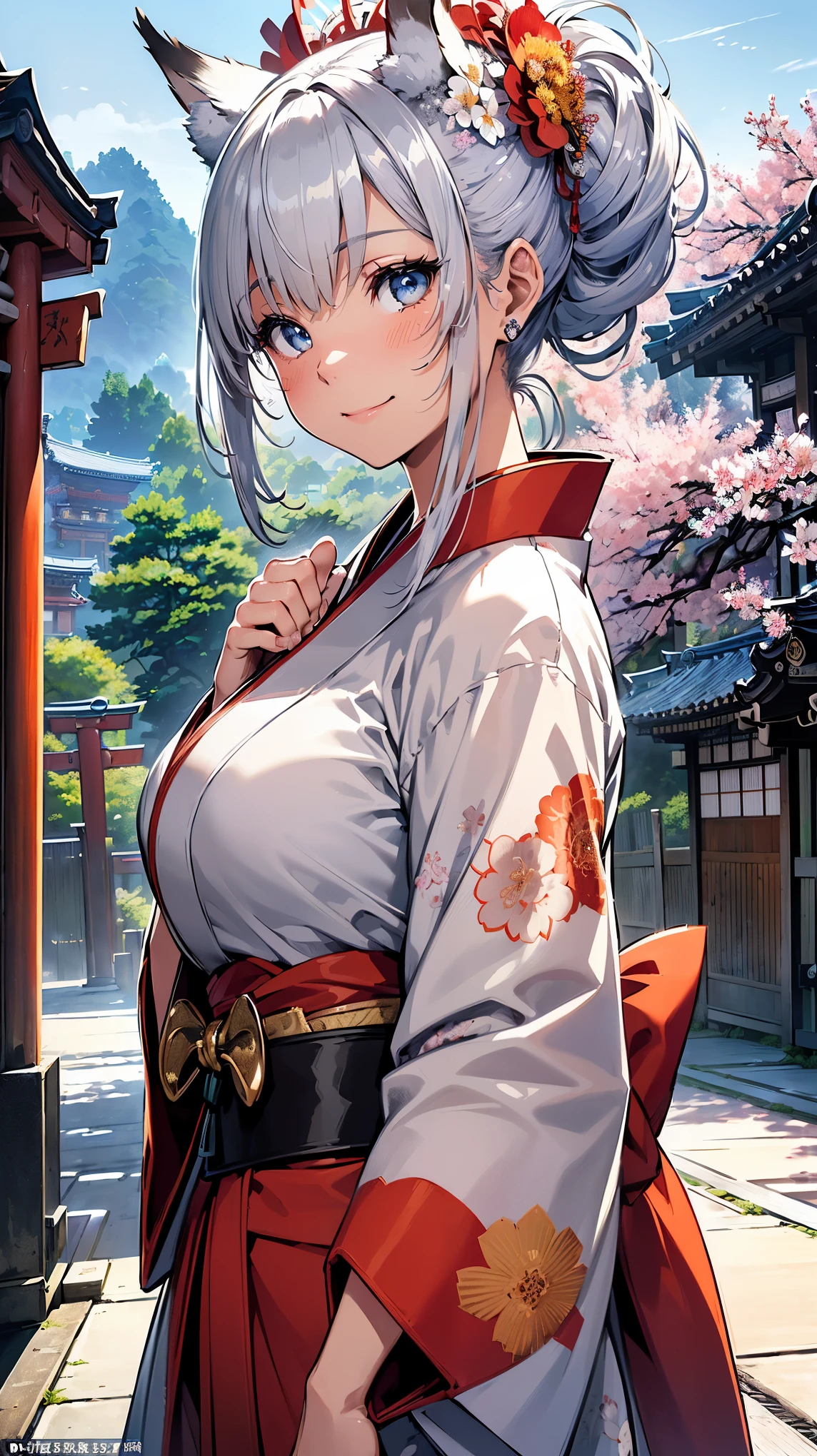 (((Masterpiece))), (((Highest quality))), ((Ultra-detailed)), ((Super fine illustration)), ((Ultra-fine painting)), (16K highest quality wallpaper:1.4), (Upper body:1.6), HDR, (Highly detailed and delicate illustration style:1.8), Detailed skin texture, Detailed cloth texture, Extreme detailed description, (T-masterpiece), (Highly detailed face:1.2), (Highly detailed silver fox ears:1.2), (Highly detailed shiny silver half updo:1.2), (Highly detailed clear eyes:1.2), Original, RAW photo, Professional, Intricate details, Super details, Direct light:1.6, (Perfect anatomy:1.4), (Highly detailed hands:1.2), (Highly detailed fingers:1.2), (Highly detailed fingertips:1.2), (16-years-old), Real, (Solo:1.8), ((A beautiful and cute silver fox girl who is an idol and wears a bright red long-sleeved kimono with a floral pattern:1.4)) BRAKE (Beautiful and adorable silver fox ears:1.6), (Highly detailed and delicate silver fox ears:1.4), (Beautiful and well-shaped big breasts:1.2), (Beautiful and well-shaped buttocks), (Beautiful and shiny silver half updo:1.6), (Highly detailed and delicate silver half updo:1.2), (Beautiful clear blue eyes that shine with great detail:1.6), (Highly detailed and delicate blue eyes:1.2), (Highly detailed face:1.4), (Smile:1.5), (Blush:1.4), (Looking at viewer:1.4), (Celebration:1.4) BRAKE (Bright red long-sleeved kimono with floral pattern:1.4), (Japanese traditional costume:1.2) BRAKE (Concept art:1.2), (Detailed fantasy art:1.2) BRAKE (Highly detailed and delicate Ise Grand Shrine in Mie Prefecture in the background just after noon in spring:1.6), (Standing in front of the torii gate:1.4), (Celebration:1.4), Ise Grand Shrine:1.4, Torii gate of Ise Shrine:1.4, cherry blossoms:1.2, Very beautiful in the sunny sky background just after noon:1.4 BRAKE 