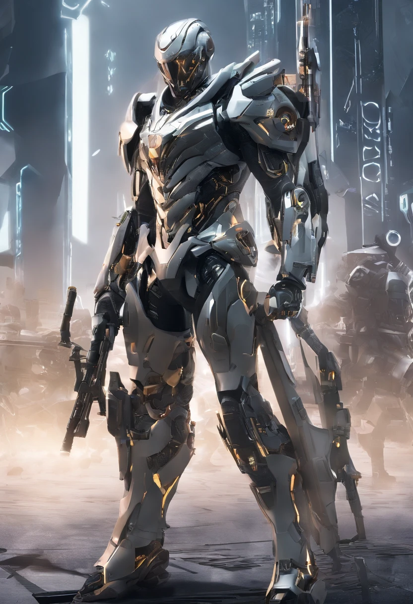 (Vision:1.8), (full-body shot:1.5), a cyborg male warrior,With a steel-like skeleton,On the battlefield of the future world,Aim with a rifle。His body is a fine mechanical part(Includes cables and gears)complex integration of,Demonstrating the fusion of humans and machines in a dystopian future。The intricate details of his mechanical components highlight his strength and combat readiness。The warrior's posture is focused and precise,Captured the tense atmosphere of the battlefield,(Eyes looking directly at the audience:1.5),(motion blur:1.5)