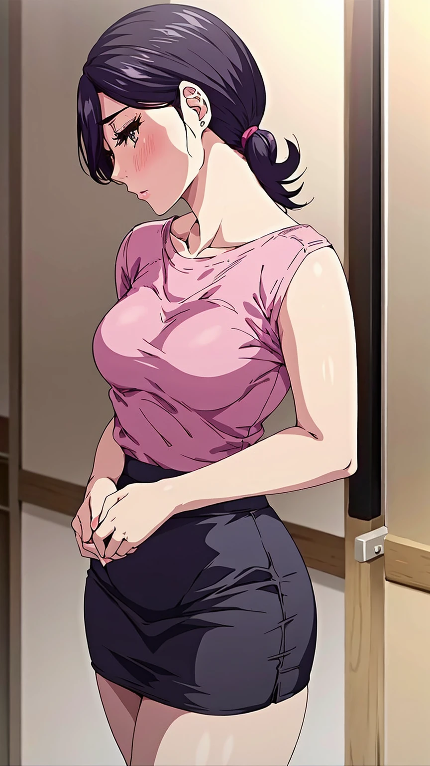 (Minako, Small breasts),(face focus),kawai,(standing),gold,Detailed skin texture, detailed clothing texture,looking at viewer,
1girl, mature female,  white shirt, black pencil skirt,