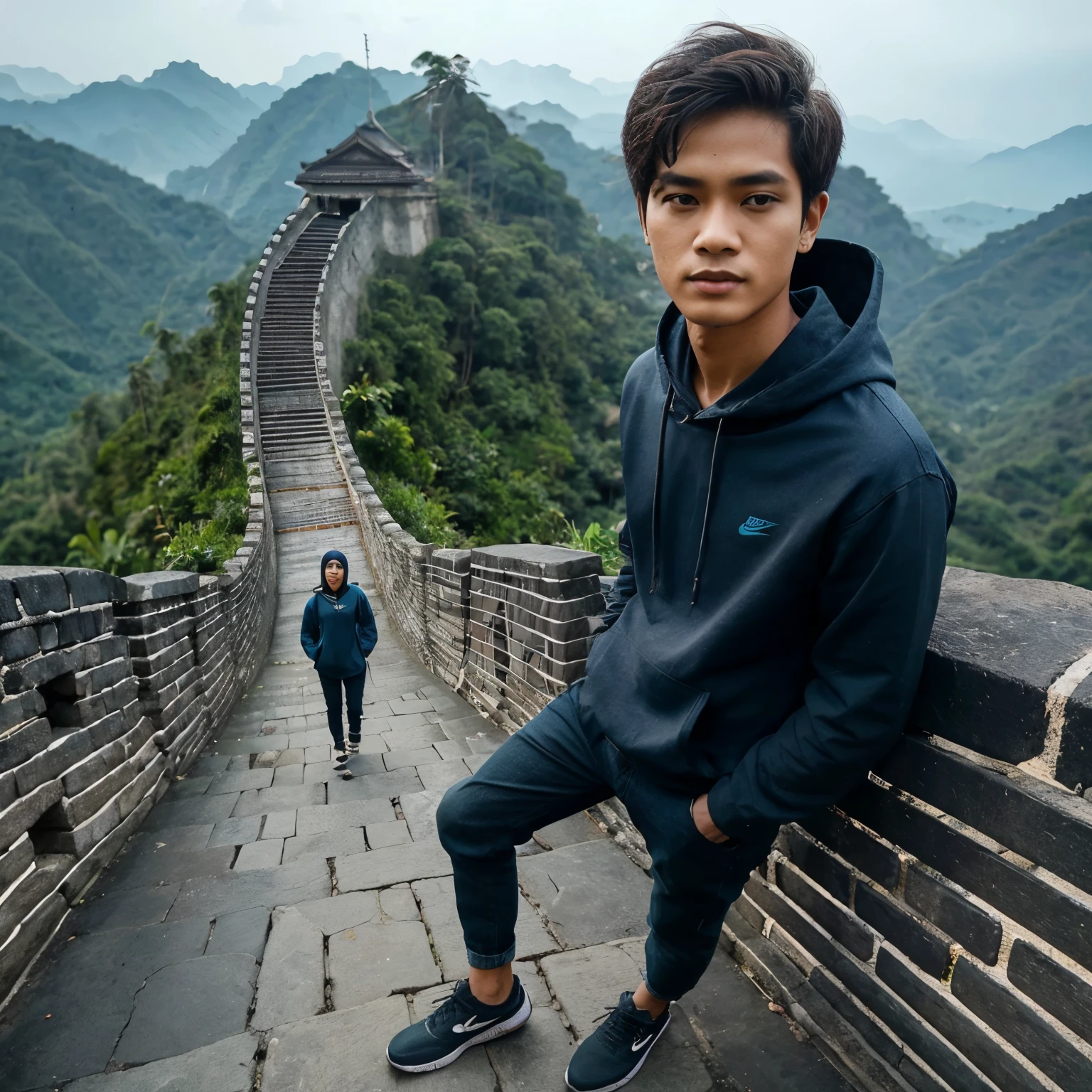 foto realistis laki laki indonesia 25 tahun memakai hodie biru tua, celana jeans hitam, serta sepatu nike, sedang berpose di tembok besar cina yang melewati gunung hijau, foto potrait realistis seperti foto sungguhan