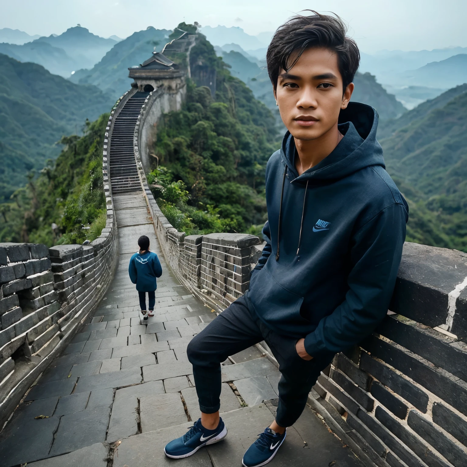 foto realistis laki laki indonesia 25 tahun memakai hodie biru tua, celana jeans hitam, serta sepatu nike, sedang berpose di tembok besar cina yang melewati gunung hijau, foto potrait realistis seperti foto sungguhan