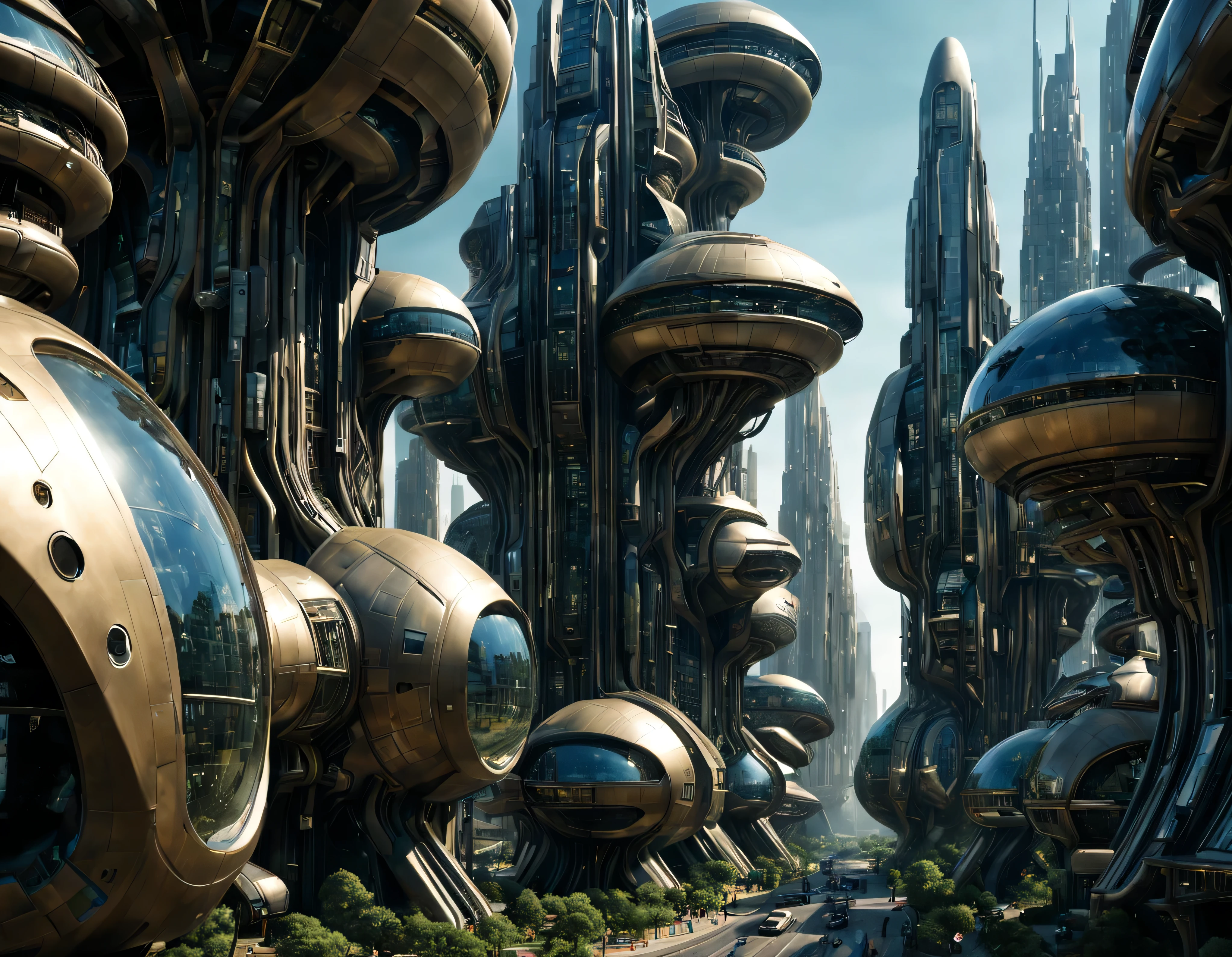 street of an extraterrestrial alien city with futuristic and technological architecture in its metal and glass conglomerado de buildings, donde predomina el oro, la plata y el bronce, some aliens walking around, ventanas iluminadas, all full of imagination, science fiction and (intrincados detalles de la maquina).imagen fotorrealista, Maximum sharpness, calidad 8k.(obra maestra de calidad superior). 3D.