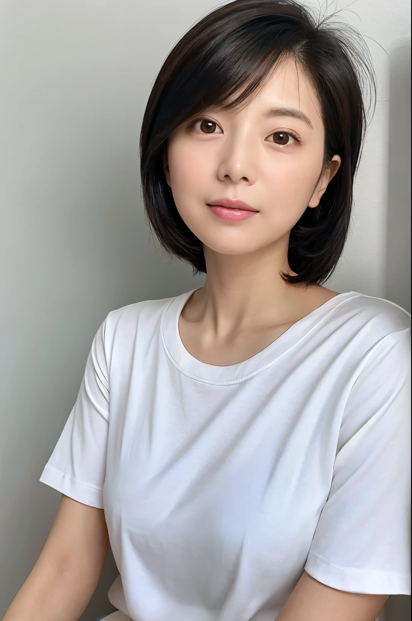 Female in her 30s, very short hair, Face without makeup, silky white skin, sexy, thin waist, navy blue T-Shirt, white wall in background