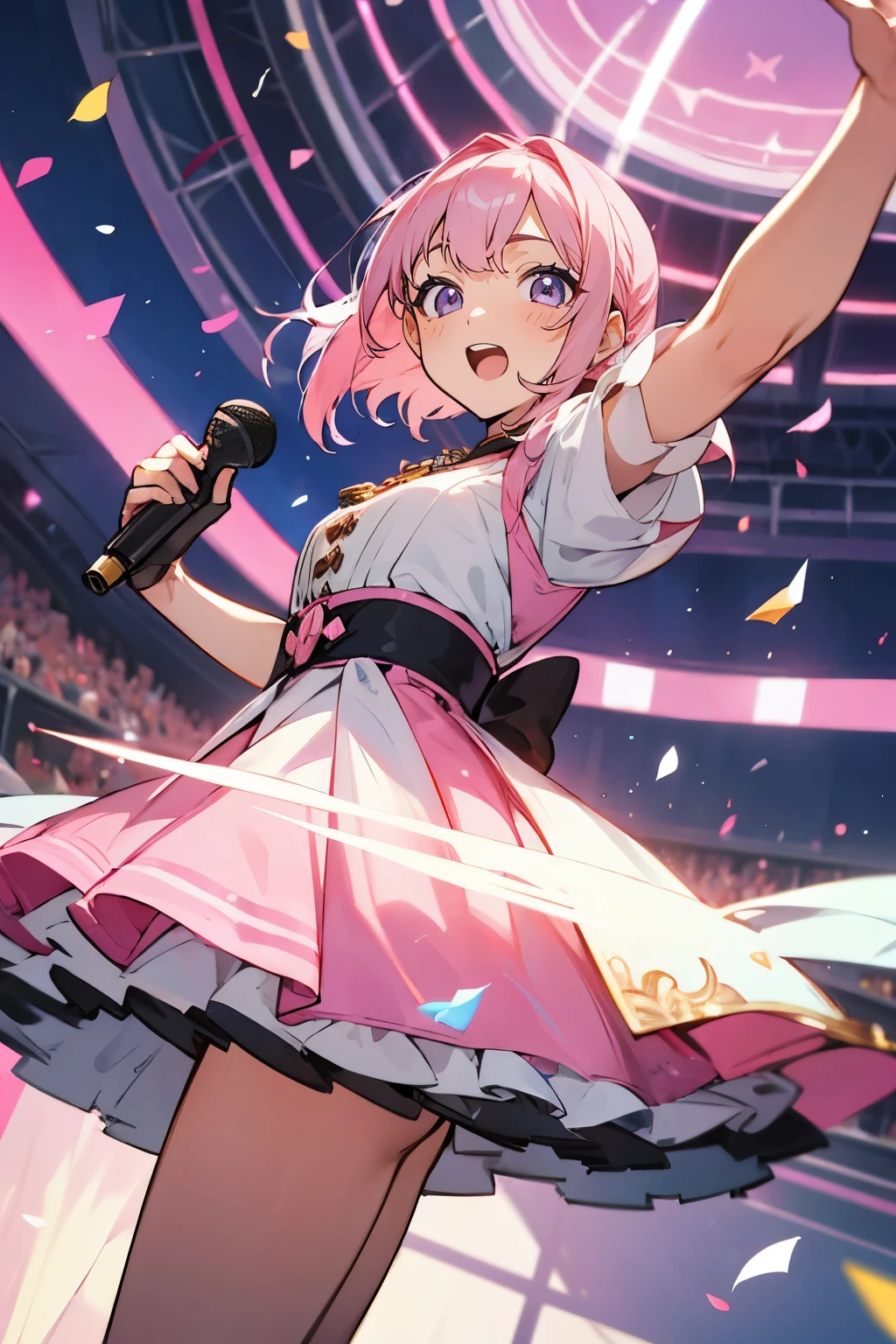 (muste piece), (best quality), very detailed, ((1 girl)), solo focus，Low - Angle，dynamic，jump，((happy face))，perfect face, beautiful face, very detailedな顔，(pink hair_pink eyes:1.3)，idol costume，Solo Idol，concert dome，live，have a microphone，singing，Smiling with mouth wide open，Laser Light，confetti，