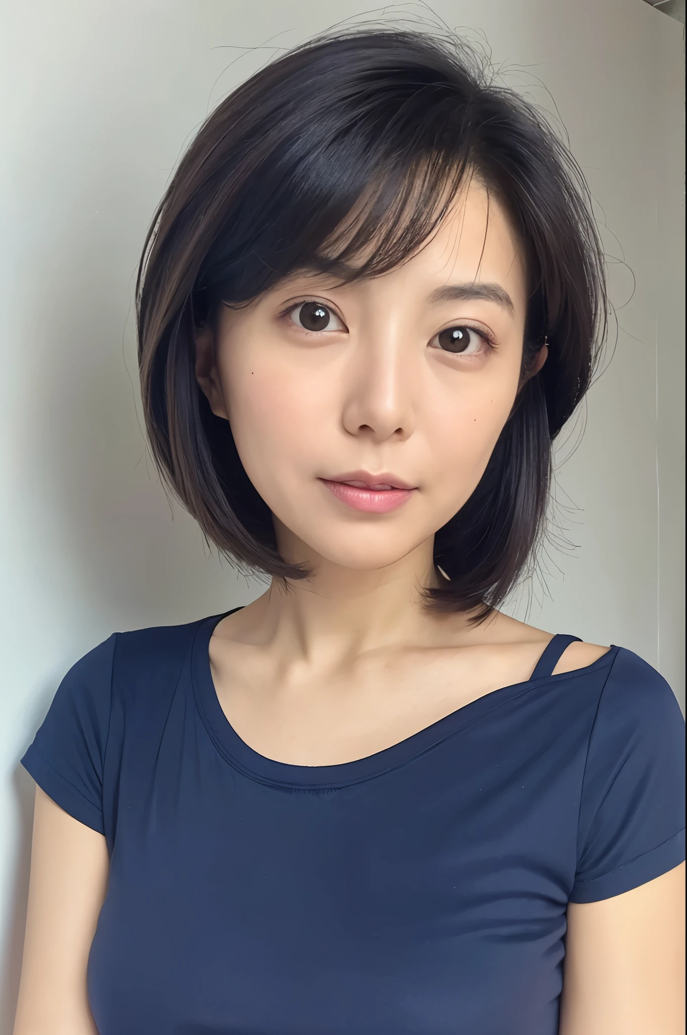 Female in her 30s, very short hair, Face without makeup, silky white skin, sexy, thin waist, navy blue T-Shirt, white wall in background