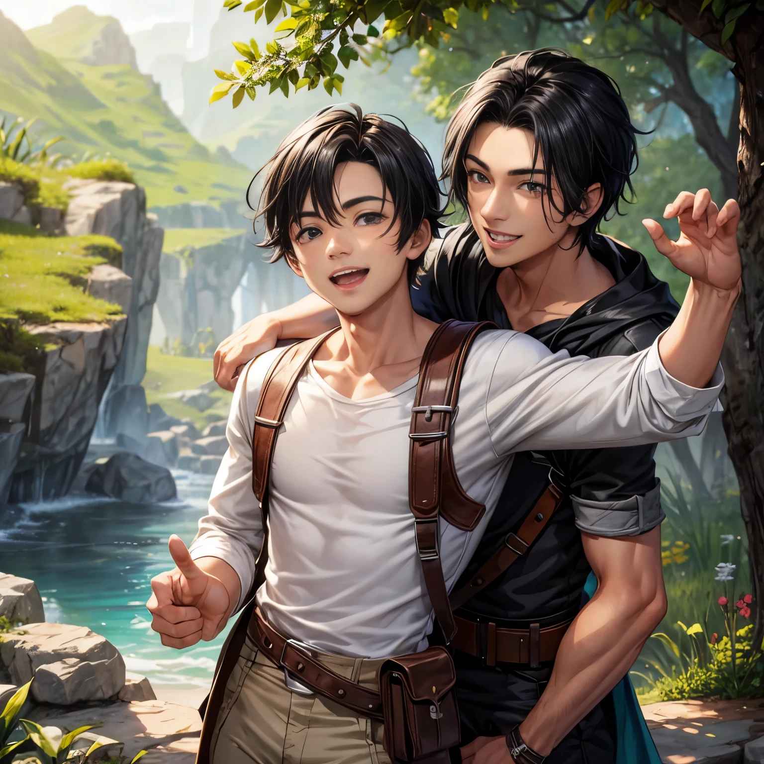Young man in his 20s with black hair wearing adventurer clothes, round face, happy, olive tanned skin