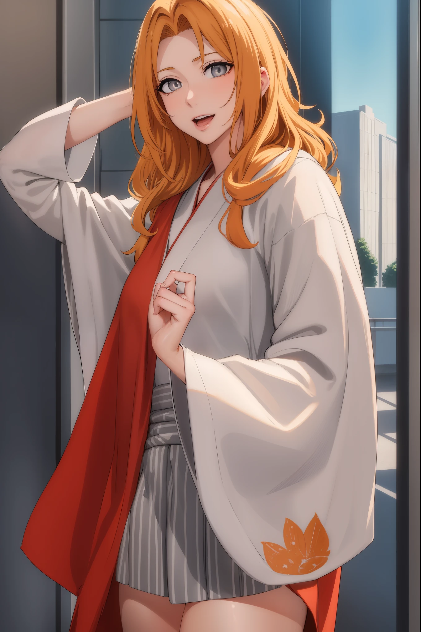 1women,milf, rangikumatsumoto, rangiku matsumoto, long hair, (grey eyes:1.5), orange hair, mole, mole under mouth, parted bangs, open mouth, smile, BREAK wearing red_kimono, BREAK looking at viewer, (cowboy shot:1.5),standing,pose,  BREAK (masterpiece:1.2), best quality, high resolution, unity 8k wallpaper,NSFW ,(illustration:0.8), (beautiful detailed eyes:1.6), extremely detailed face, perfect lighting, extremely detailed CG, (perfect hands, perfect anatomy),