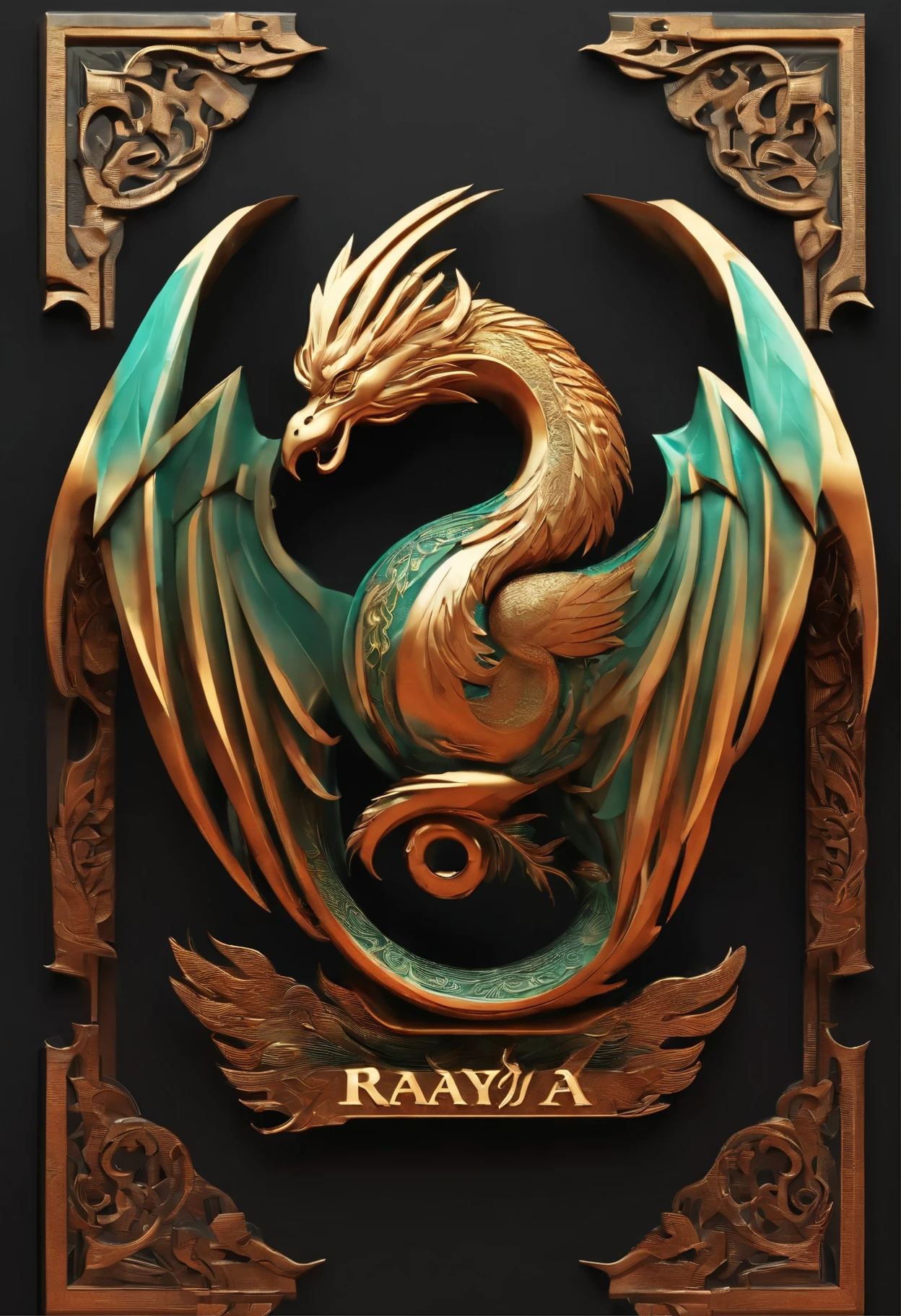 3D logo with the text "RAYA" behind which there are PHOENIX and DRAGON birds in the shape of a CARVING, gives a sturdy and futuristic impression, a dragon surrounds the text, with contrasting and strong colors, a combination of traditional and modern elements, the text is modern and graphic.