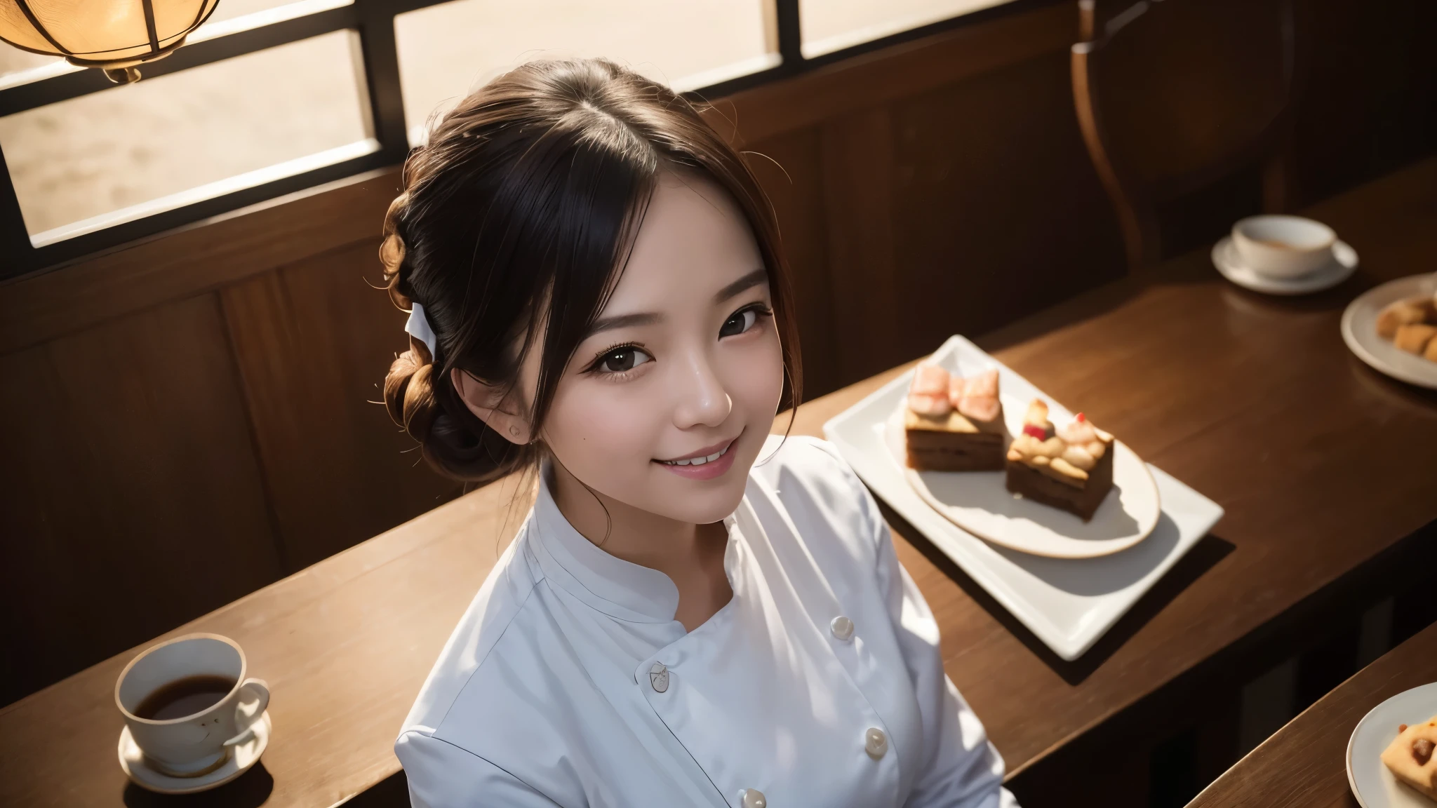 masterpiece, award winning, high quality, super detail, 8k, photo, girl, solo, smile, she is a pastry chef, chef's attire, portrait style, from above, close up, she comes from Japan, Like a magazine interview, at the cafe, antique interior, beautiful sweets, soft lighting