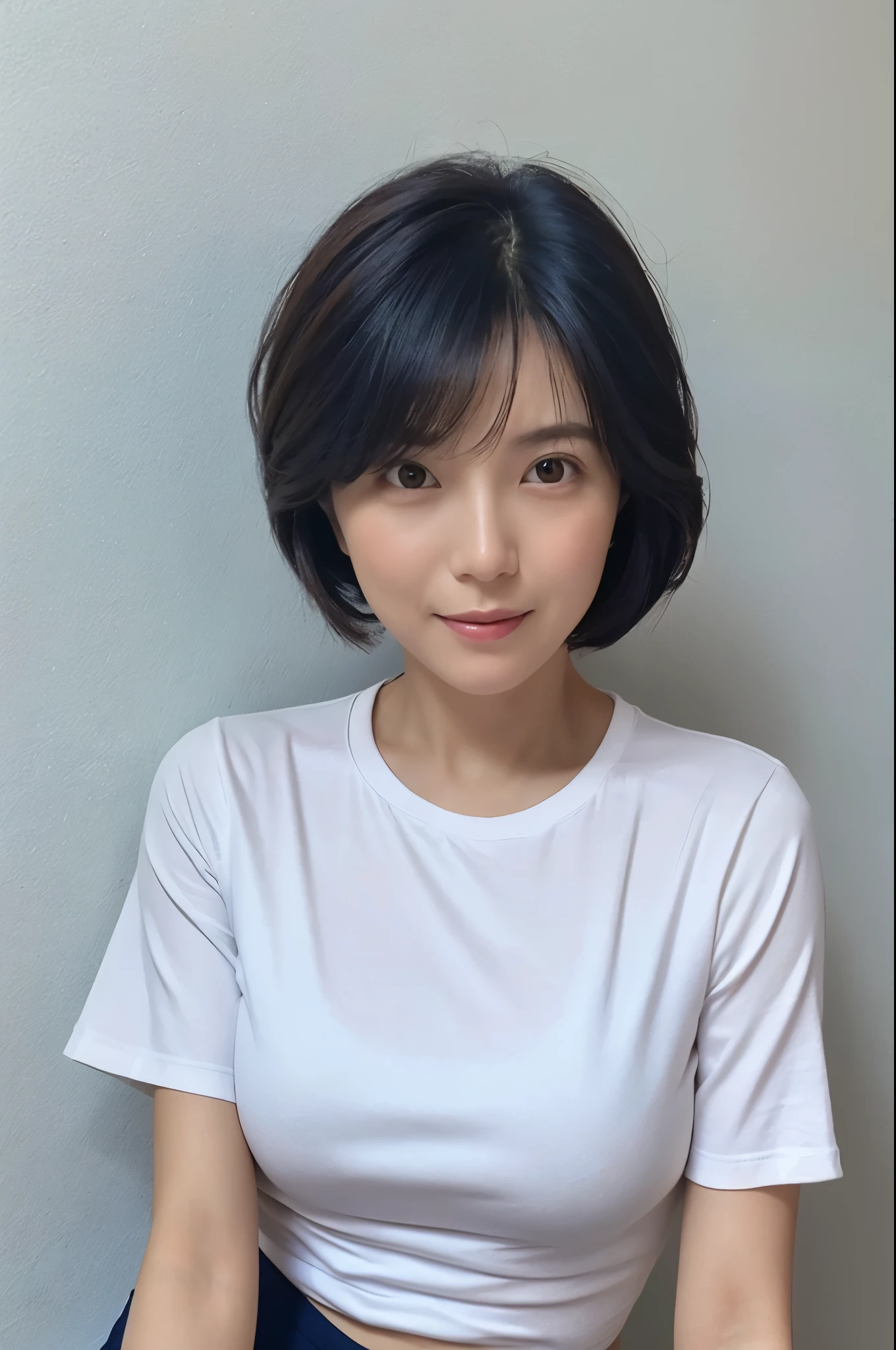 Female in her 30s, very short hair, Face without makeup, silky white skin, sexy, thin waist, navy blue T-Shirt, white wall in background