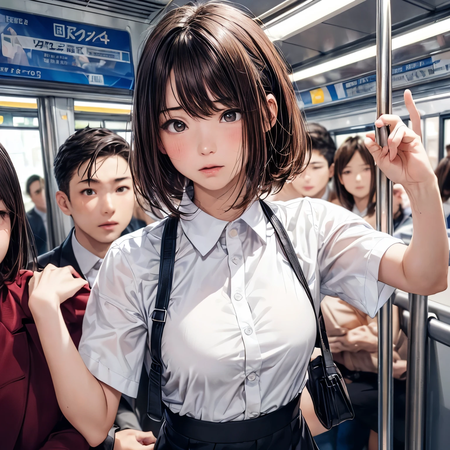 (Browsing Caution:1.3), ((masterpiece)), ((Highest quality)), (Very detailedな), ((cute)), cute, (Lovely), ((sexy)), (device), ((Very detailed)), 4K, (8k), Highest quality, (beautiful), Anime Style, Genuineistic, Genuine, Dynamic Angle, ((1 Girl, alone, cute girl)), ((Office Lady Suits)), ((hyper cute face)), beautiful light brown hair, beautiful black eyes, ((beautiful eyes)), Large Breasts, Embarrassing, blush, ,Hold on to the railing of a train,Underarm, (Underarmを見せる:1.3),(avert your eyes:1.4), (Inside the train:1.3),(Crowded train:1.3),
Upper Body,(White shirt:1.5),
,Alternative Breast Size, Grab your chest, (boy,Grab from behind:1.5)
,(Frowning:1.2), (Embarrassing,blush:1.2),(A face stunned with despair:1.1),Sweat,(anger:1.2)