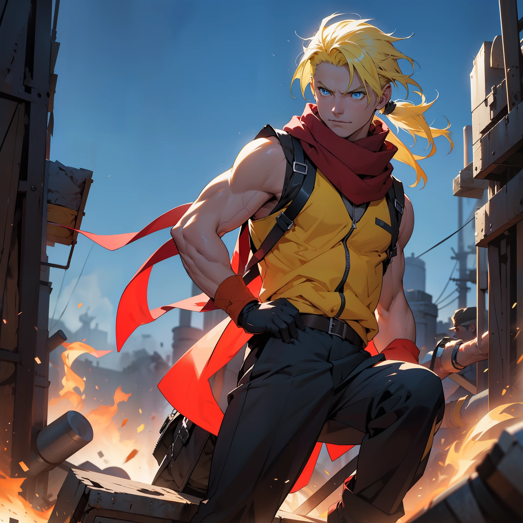 (30 years old), (male), Yellow hair, (Blue eyes), Tied Back ponytail, red scarf, Millitary vest, sleeveless, black pants, black gloves, slim, up to legs, intimidating aura,