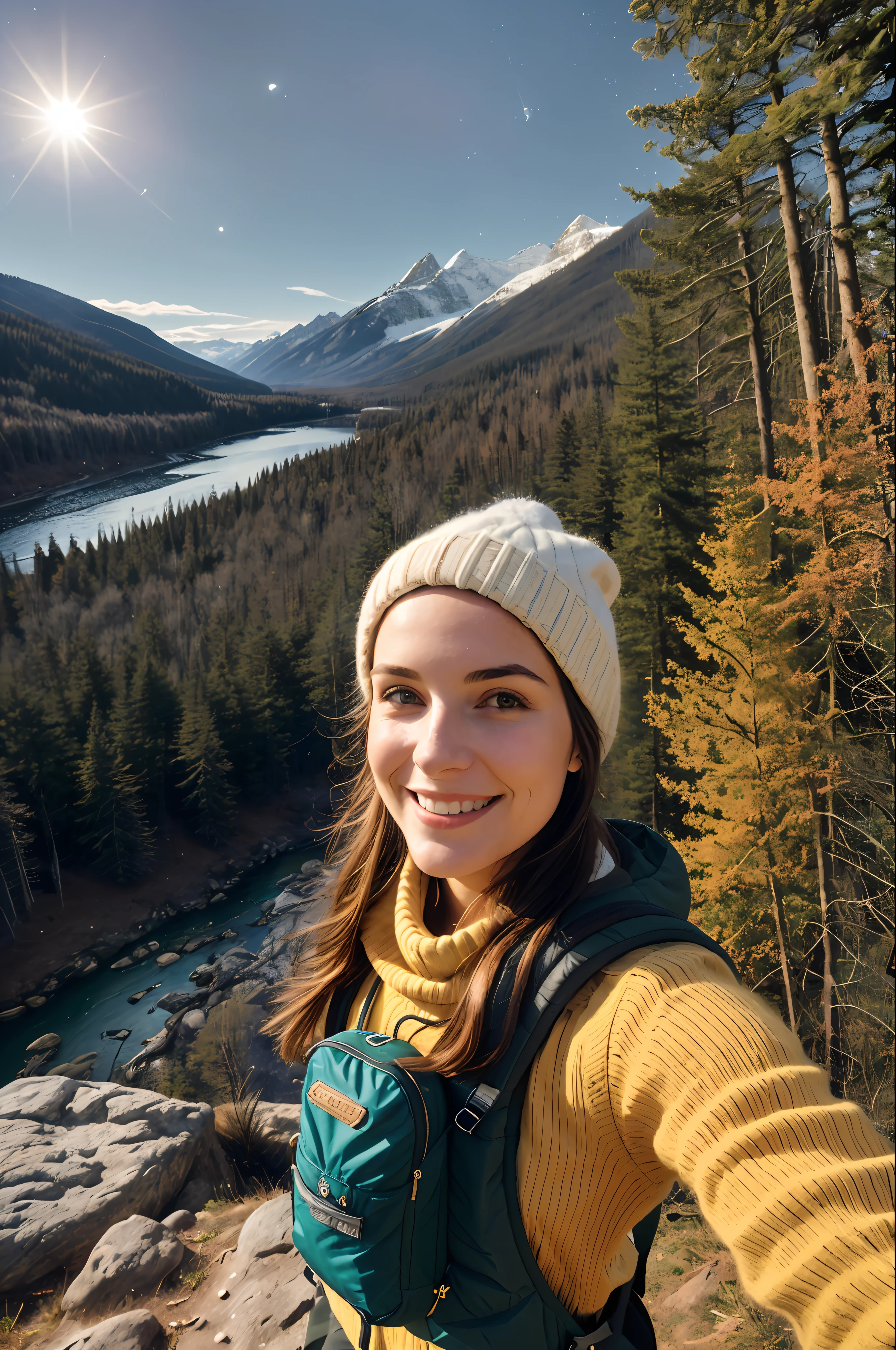 1 mulher ((selfie da parte superior do corpo, feliz)), obra de arte, melhor qualidade, ultra-detalhado, floor, ar livre, (noite), montanhas, natureza, (estrelas, Lua) alegre, feliz, mochila, saco de dormir, camping stove, garrafa de agua, botas de montanha, luvas, sweater, tem, lanterna, floresta, pedras, rio, madeira, smoke, sombras, contraste, clear sky, estilo, (tom quente, tom quente)