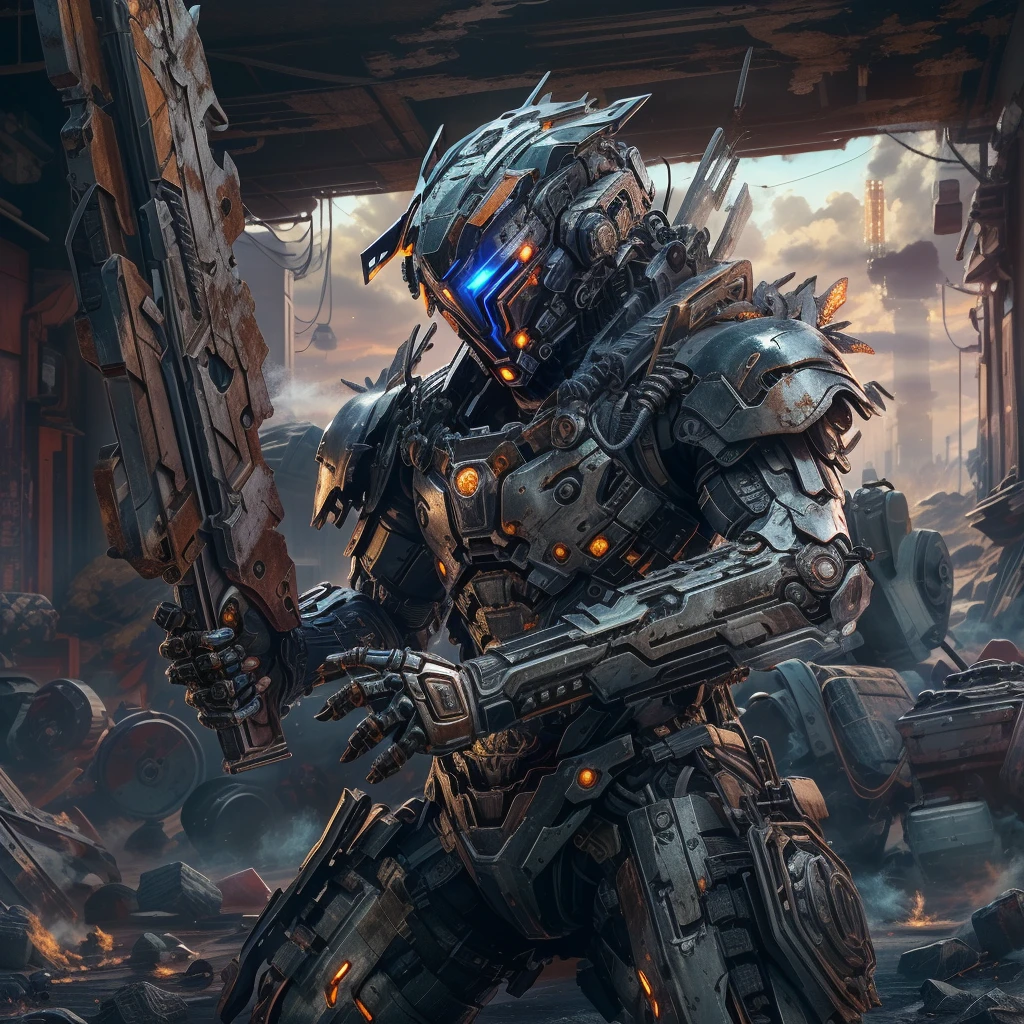 (远景:1.8), (全身照:1.5), A half-mechanical male warrior with cybernetic enhancements stands in a futuristic battlefield, aiming his rifle. His body is a complex assembly of intricate mechanical parts, cables, and gears, symbolizing the fusion of human and machine. The environment is a desolate, war-torn landscape, showcasing a stark contrast between the remnants of a once-civilized world and the advanced technology that now dominates. The warrior's posture is focused and determined, highlighting his readiness for combat. The details of his mechanical parts are meticulously designed, showing pistons, wires, and metal plates that interlock to create his formidable form. The scene is set during twilight, casting long shadows and creating a dramatic interplay of light and darkness, emphasizing the tension of the moment. This portrayal captures the essence of a futuristic warrior, blending elements of science fiction with a gritty realism, ，(眼睛正面看着观众:1.5)