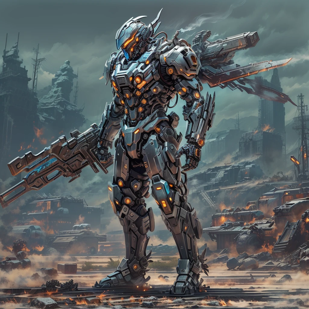 (远景:1.8), (全身照:1.5), A half-mechanical male warrior with cybernetic enhancements stands in a futuristic battlefield, aiming his rifle. His body is a complex assembly of intricate mechanical parts, cables, and gears, symbolizing the fusion of human and machine. The environment is a desolate, war-torn landscape, showcasing a stark contrast between the remnants of a once-civilized world and the advanced technology that now dominates. The warrior's posture is focused and determined, highlighting his readiness for combat. The details of his mechanical parts are meticulously designed, showing pistons, wires, and metal plates that interlock to create his formidable form. The scene is set during twilight, casting long shadows and creating a dramatic interplay of light and darkness, emphasizing the tension of the moment. This portrayal captures the essence of a futuristic warrior, blending elements of science fiction with a gritty realism, ,(眼睛正面看着观众:1.5)