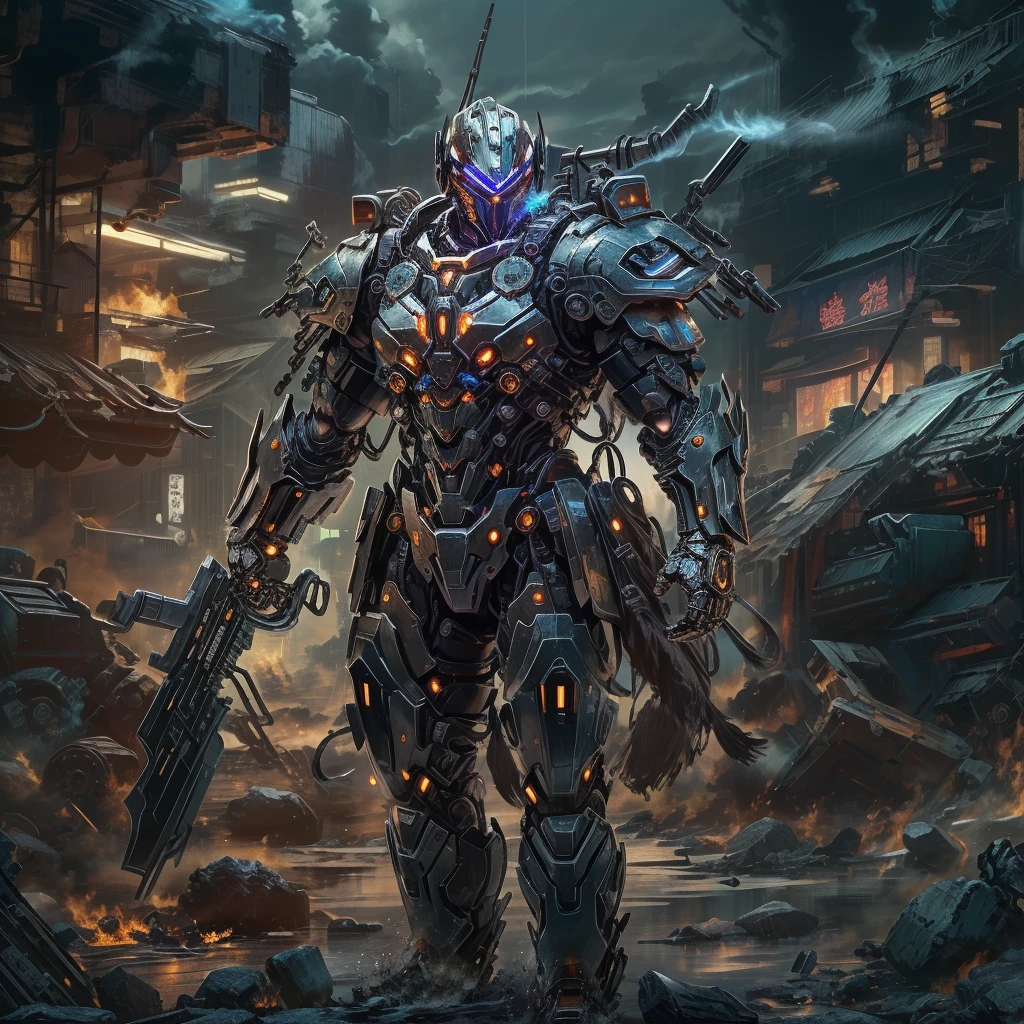 (远景:1.8), (全身照:1.5), A half-mechanical male warrior with cybernetic enhancements stands in a futuristic battlefield, aiming his rifle. His body is a complex assembly of intricate mechanical parts, cables, and gears, symbolizing the fusion of human and machine. The environment is a desolate, war-torn landscape, showcasing a stark contrast between the remnants of a once-civilized world and the advanced technology that now dominates. The warrior's posture is focused and determined, highlighting his readiness for combat. The details of his mechanical parts are meticulously designed, showing pistons, wires, and metal plates that interlock to create his formidable form. The scene is set during twilight, casting long shadows and creating a dramatic interplay of light and darkness, emphasizing the tension of the moment. This portrayal captures the essence of a futuristic warrior, blending elements of science fiction with a gritty realism, ,(眼睛正面看着观众:1.5)