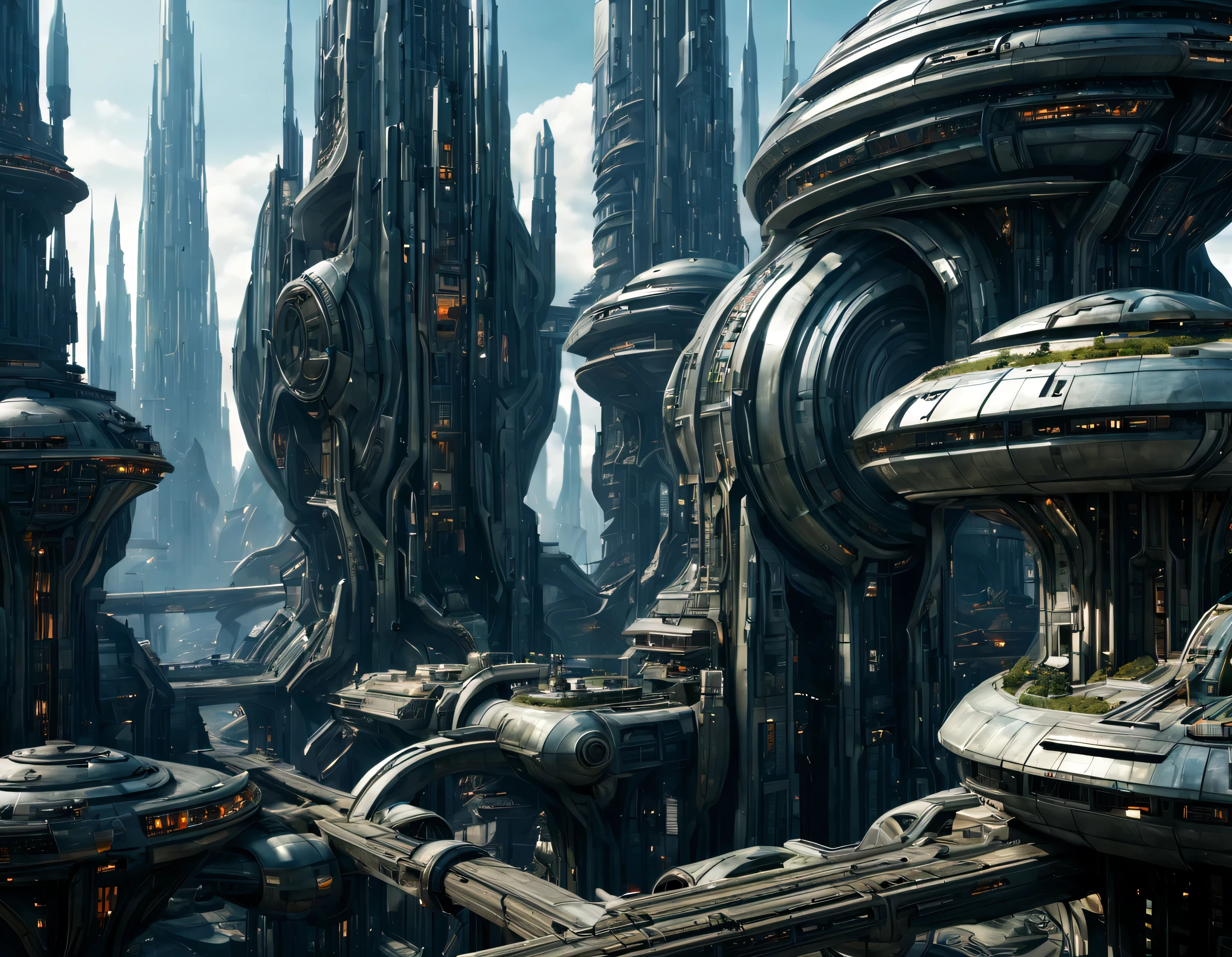 On an unknown planet there is a futuristic fantasy city similar to the one in the movie Tomorrowland., with huge buildings of super technological design, puentes entre edificios, que forman una infinita avenida con estructuras acristaladas y de metal, con Colores vivos, pavimento ensolado sin brillo, poca gente paseando, similar a Coruscant, imagen bien definida 8k, (intrincados detalles de la maquina), con muchos edificios juntos.(obra maestra de superior calidad).(imagen fotorrealista), nitidez absoluta hasta el fondo.