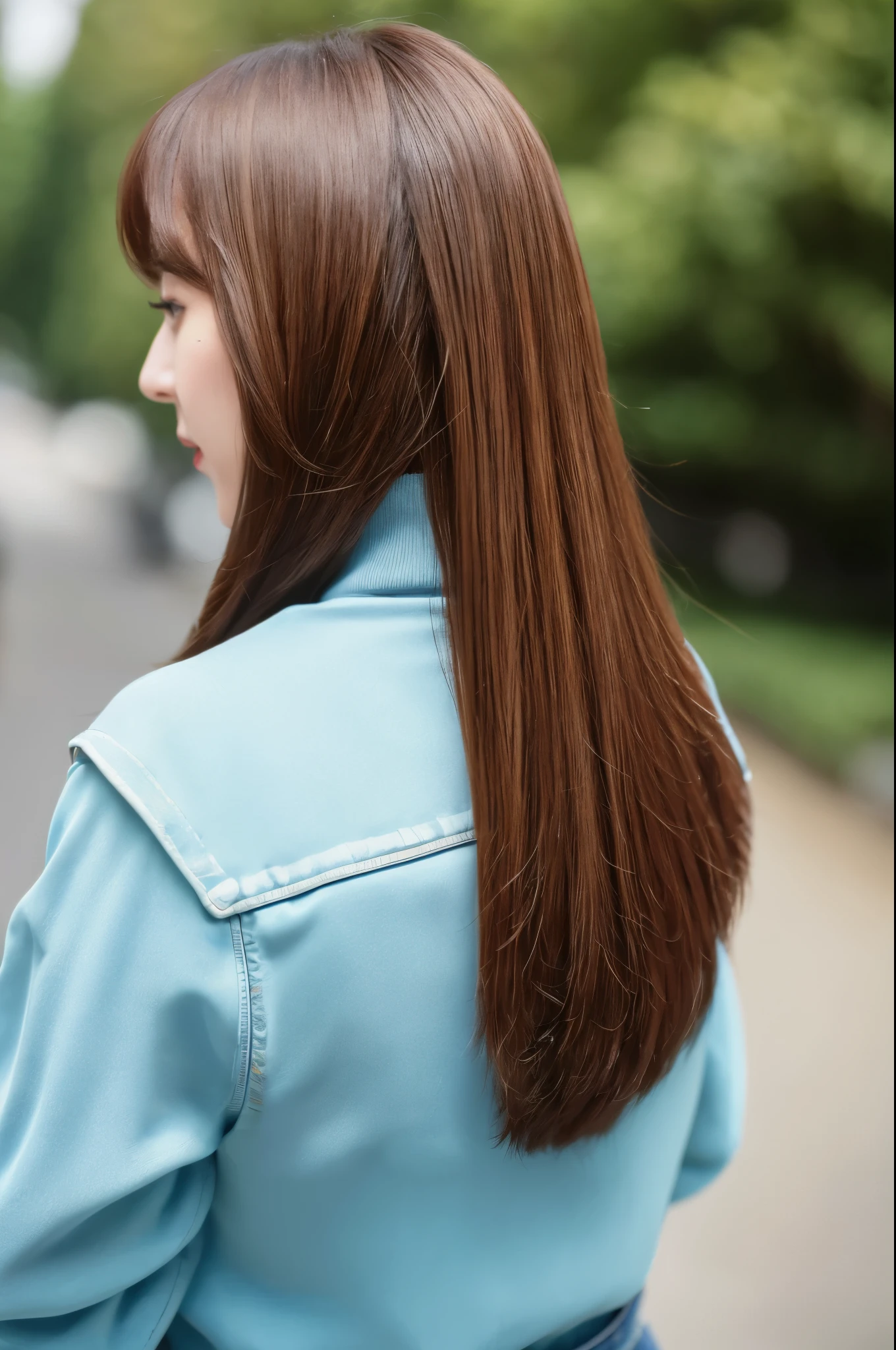 ((top-quality、in 8K、masterpiece:1.3))、foco nítido:1.2、Beautiful woman perfect body:1.4、Slim abs:1.2、((Medium Hair、straight haired:1.2))、(turtle neck、Riders Jacket、denim:1.1)、(Sateen、a street:1.2)、wetbody:1.5、Three-dimensional texture、A detailed eye、Brown hair、Very shiny hair、posterior view、Hair quality improvement、Korean style hair