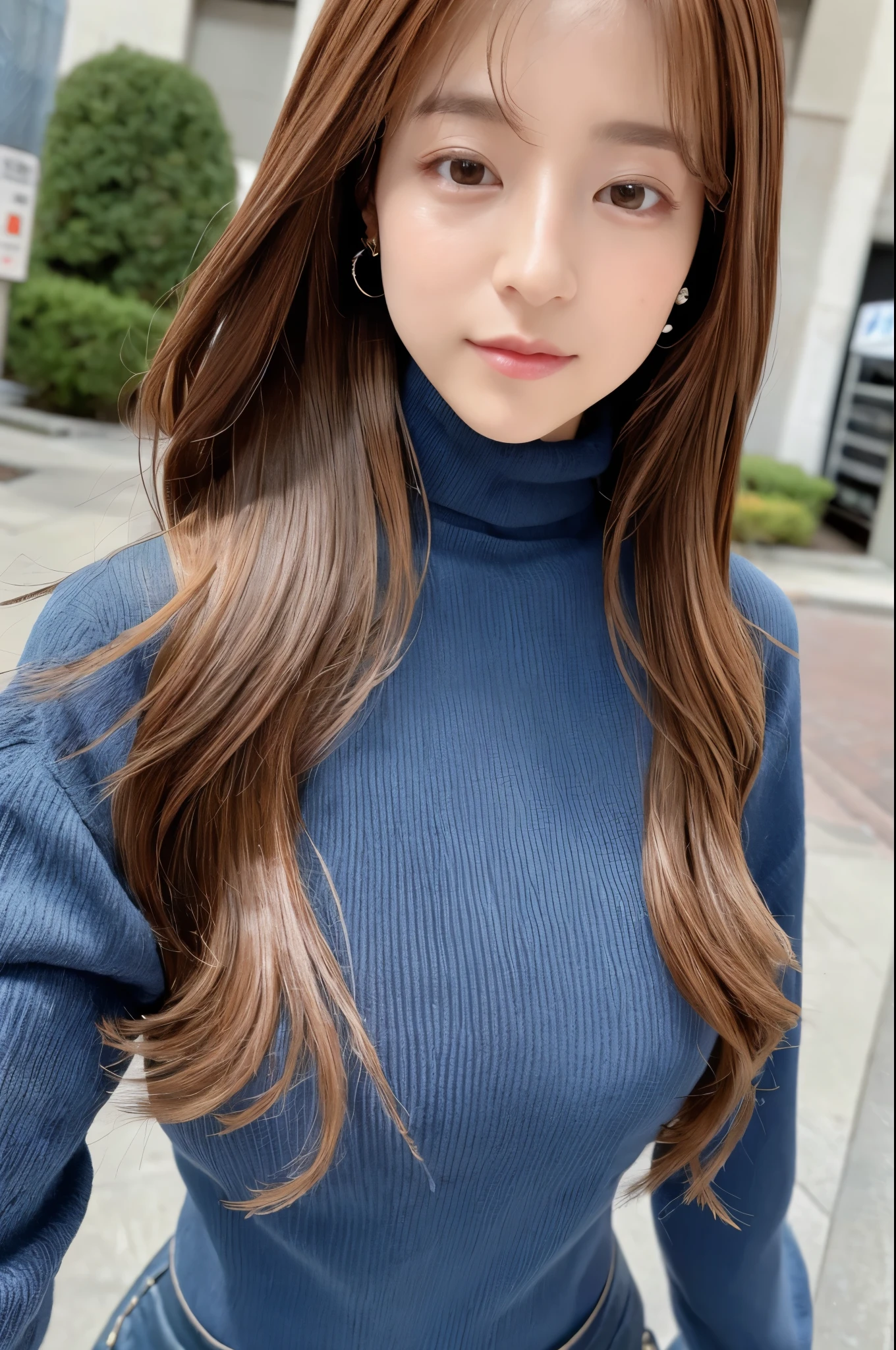 ((top-quality、in 8K、masterpiece:1.3))、foco nítido:1.2、Beautiful woman perfect body:1.4、Slim abs:1.2、((Medium Hair、straight haired:1.2))、(turtle neck、Riders Jacket、denim:1.1)、(Sateen、a street:1.2)、wetbody:1.5、Three-dimensional texture、A detailed eye、Brown hair、Very shiny hair、posterior view、Hair quality improvement、Korean style hair