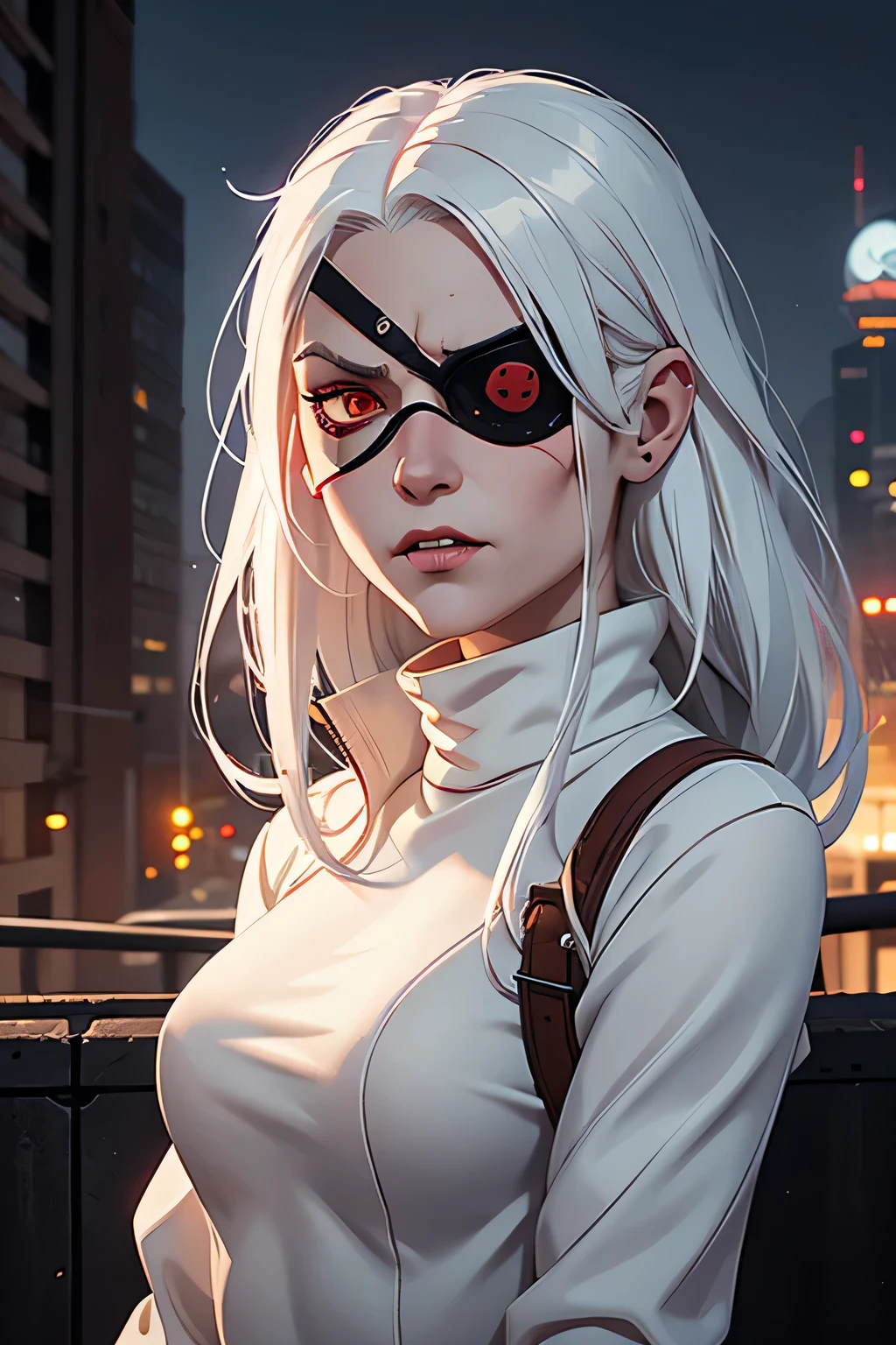1girl, (solo), anime girl with long white hair and red eyes, girl with white hair, girl in white turtleneck, ((eyepatch)), pointed ears, ((vampire)), smirk, smug, closed mouth, cowboy shot, perfect white haired girl, white haired deity, digital cyberpunk anime art, turtleneck, lens flare, ((dramatic lighting)), soft glowing red eyes, extremely detailed, masterpiece, looking at viewer, city in background, (night)