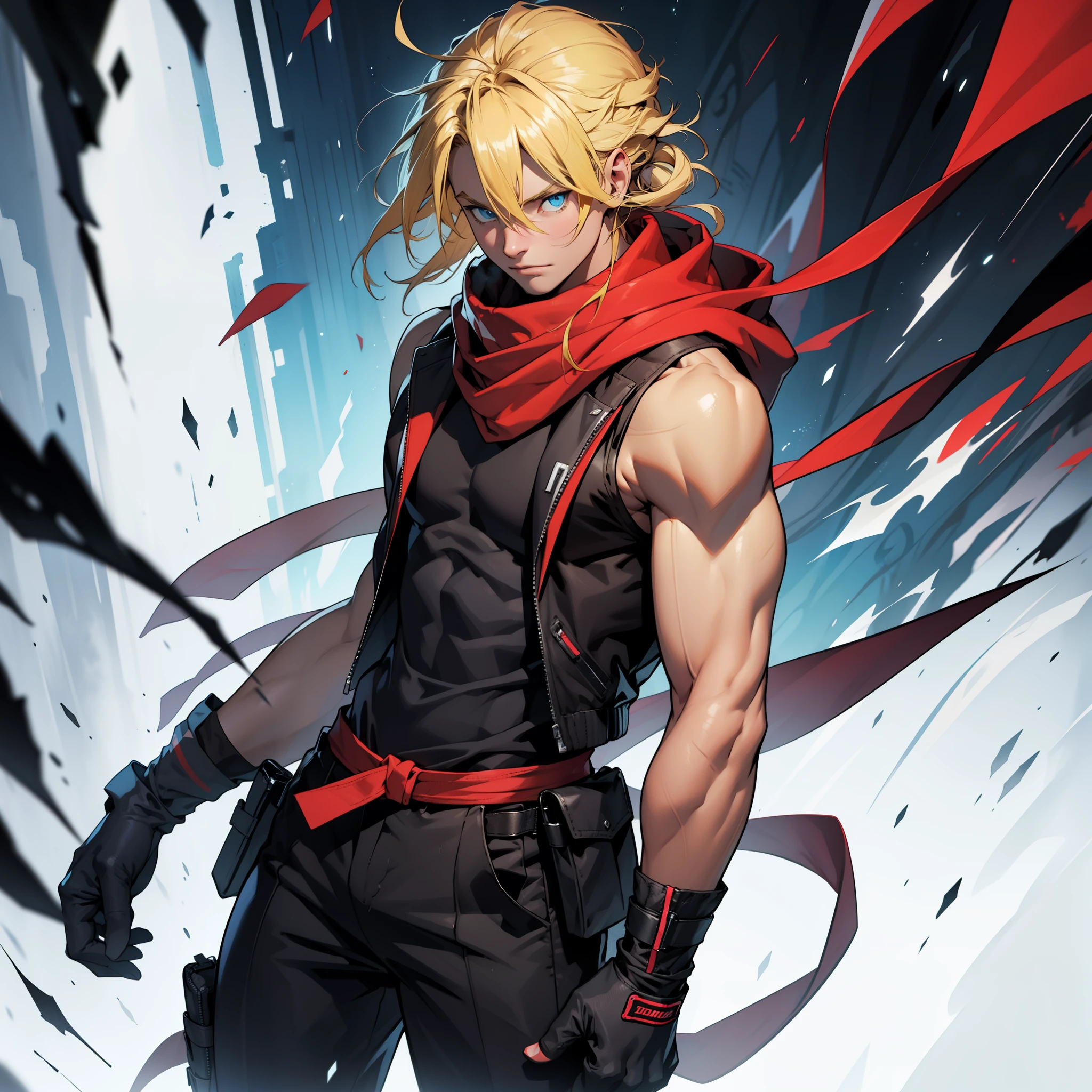 man, hair covering her face blonde, brown skin, naked, with big pecs, with red hood, a lot of hair on the chest 