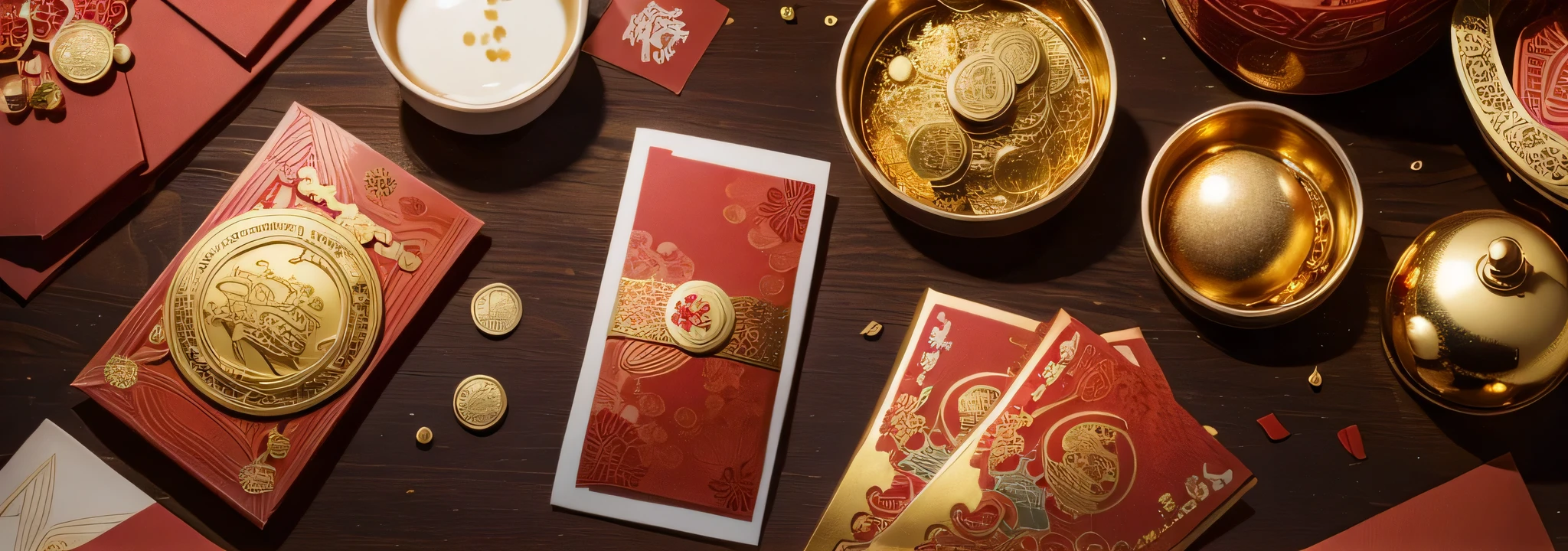 flying red envelopes, (oriental culture) Lunar New Year, sparkling money, (gold).