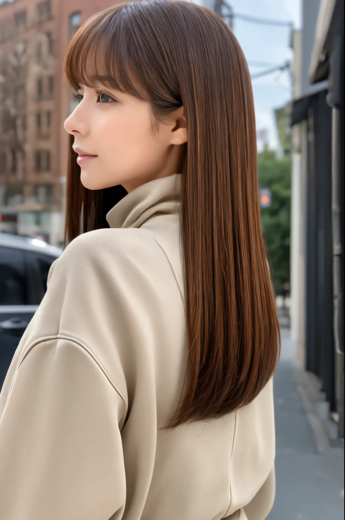 ((top-quality、in 8K、masterpiece:1.3))、foco nítido:1.2、Beautiful woman perfect body:1.4、Slim abs:1.2、((Medium Hair、straight haired:1.2))、(turtle neck、Riders Jacket、denim:1.1)、(Sateen、a street:1.2)、wetbody:1.5、Three-dimensional texture、A detailed eye、Brown hair、Very shiny hair、posterior view、Hair quality improvement