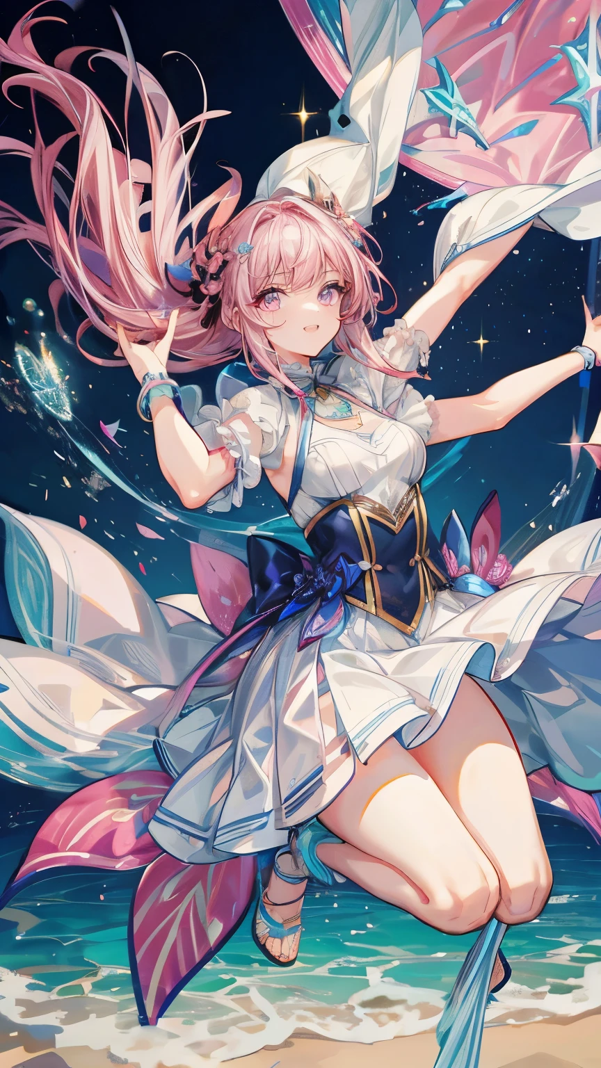 (muste piece), (best quality), very detailed, ((1 girl)), solo focus,Low - Angle,dynamic,jump,((happy face)),perfect face, beautiful face, very detailedな顔,(Pink longhair_pink eyes:1.3),idol costume,Solo Idol,concert dome,live,have a microphone,singing,Smiling with mouth wide open,Laser Light,confetti,