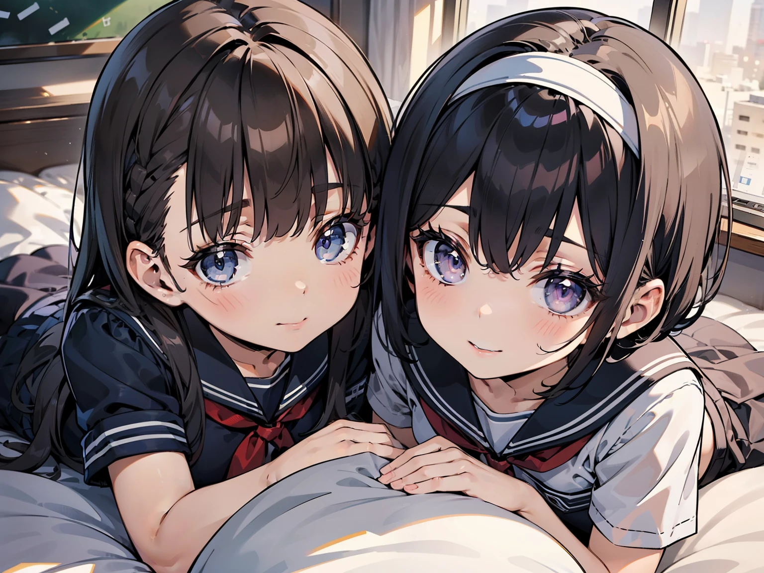 {Highest quality], [so beautiful], [Ultra-fine], [Best illustrations], Browsing Caution,Black Hair, Hime cut, Long Hair, With bangs, girl,high school student,uniform,knit,skirt,smile, blush, Slender women, Adult female,(public),,diagonal, Navy blue knee socks,Black Loafers.night,Health Room,Lying in bed feeling unwell