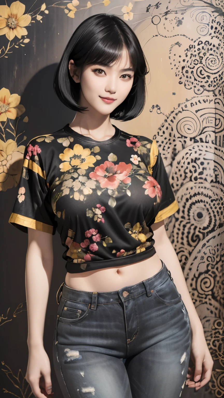155
(Black Shorthair:1.46),  (a 20 yo woman), (A hyper-realistic), (Masterpiece), (8KUHD), (gentle smile), Slender waist, Wearing jeans, ((Floral Clothing - T-Shirts)), Wearing long pants, abstract painting, (doodle:1.46), (large breasts with good shape), (口紅)
