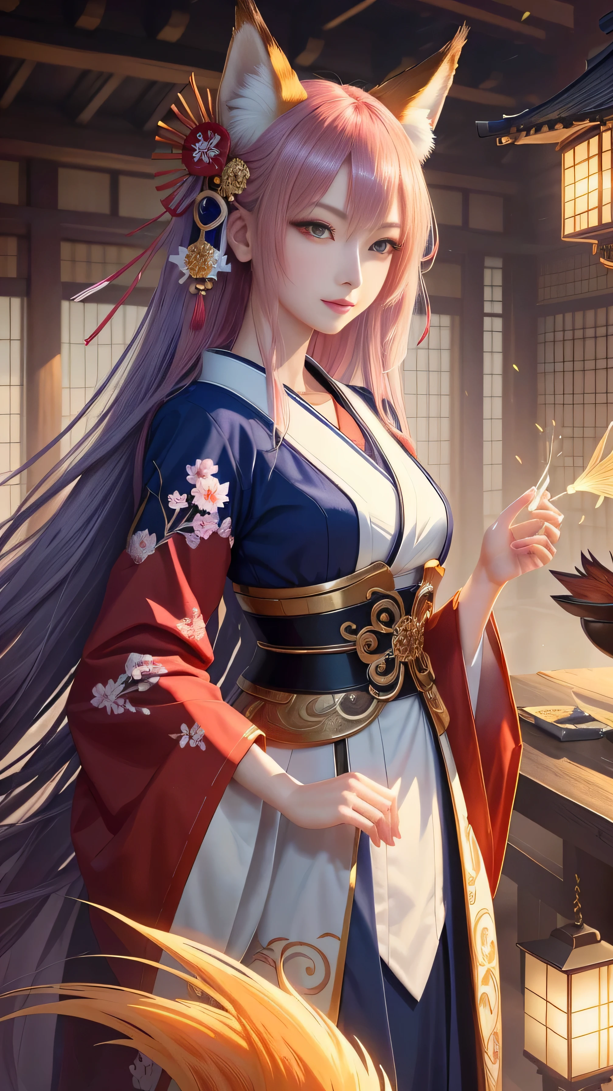 masterpiece , highest quality,close up of face,facing forward,whole body,Only one person,precision quality,beautiful short hair, masterpiece, japanese architectureの背景,beautiful details, colorful, delicate details, delicate lips, intricate details, genuine, ultrargenuineista, 枝に座っている色とりどりの髪のFoxを持つ女の子:mature, bright eyes, ,色とりどりのFox, Raposa the Nine Tails, 三尾Fox, 三尾Fox, Onmyoji detailed art, beautiful fine art illustration, mythical creatures, Fox, beautiful digital art,shrine maiden,japanese architecture,Holding hands,exquisite digital illustration, mizutsune, Inspired by mythical wild nest creatures, pixiv in digital art, dazzling light, high contrast, Mysterious,