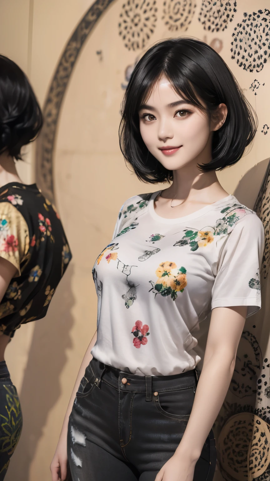 155
(Black Shorthair:1.46), (a 20 yo woman), (A hyper-realistic), (Masterpiece), (8KUHD), (gentle smile), Slender waist, Wearing jeans, ((Floral Clothing - T-Shirts)), Wearing long pants, abstract painting, (doodle:1.46), (large breasts with good shape), (口紅)