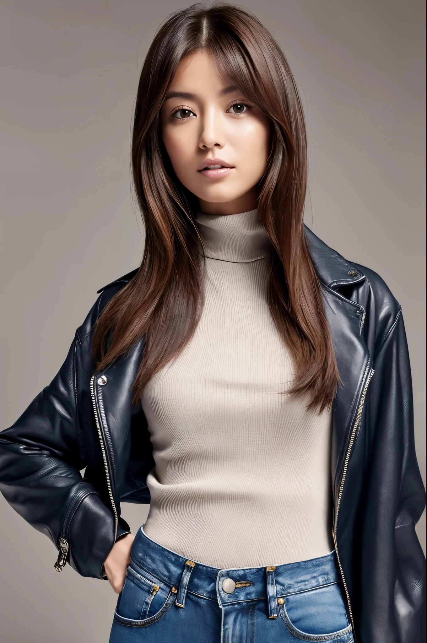 ((top-quality, in 8K, ​masterpiece:1.3)), Beautiful Japanese woman, perfect body:1.4, Slim abs:1.2, ((Medium Hair, straight haired:1.2)), (turtle neck, Riders Jacket, denim:1.1), (a street:1.2), wetbody:1.5, Three-dimensional texture, A detailed eye, Brown hair, Very shiny hair, posterior view, Hair quality improvement