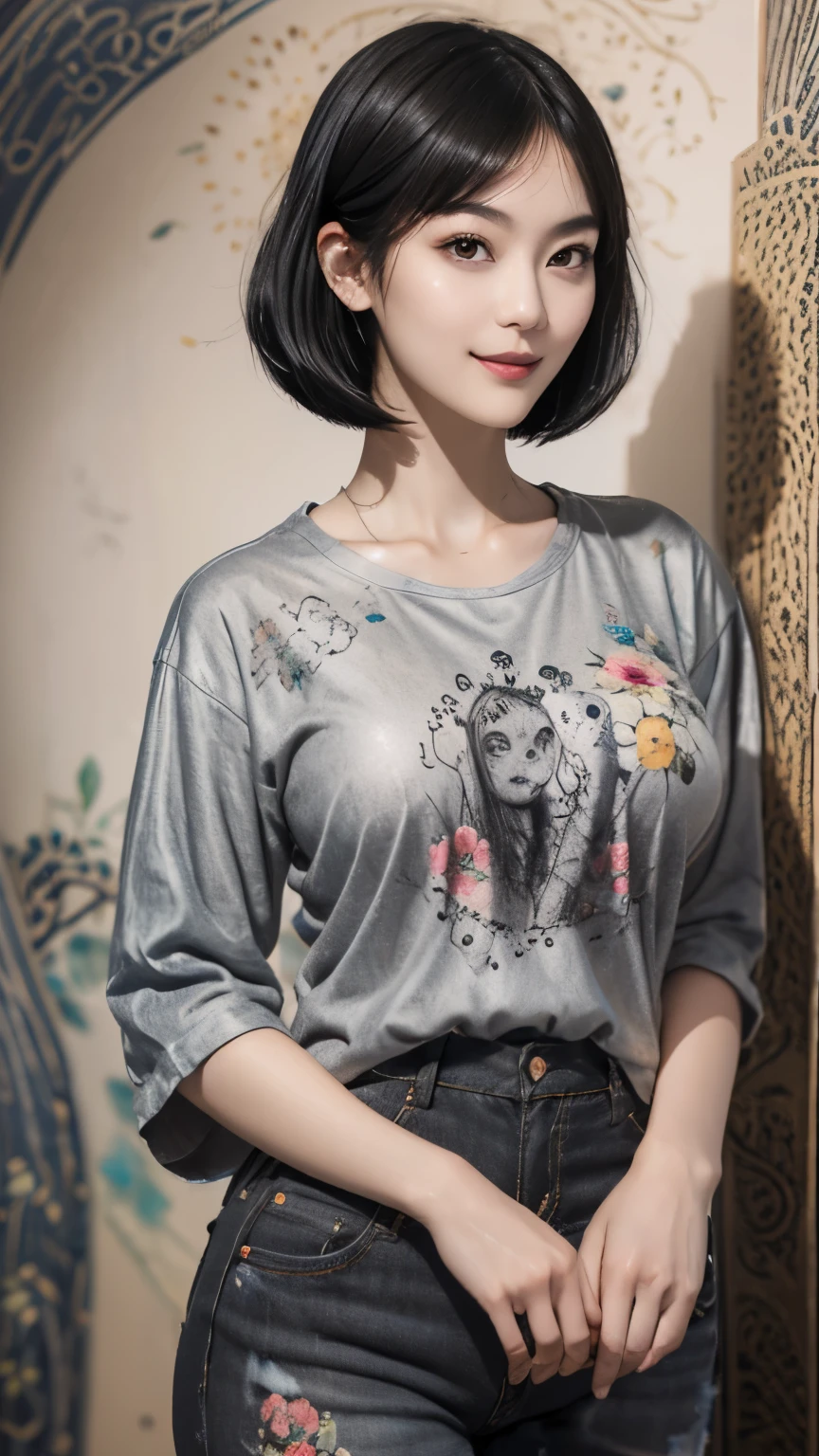 155
(Black Shorthair:1.46), (a 20 yo woman), (A hyper-realistic), (Masterpiece), (8KUHD), (gentle smile), Slender waist, Wearing jeans, ((Floral Clothing - T-Shirts)), Wearing long pants, abstract painting, (doodle:1.46), (large breasts with good shape), (口紅)