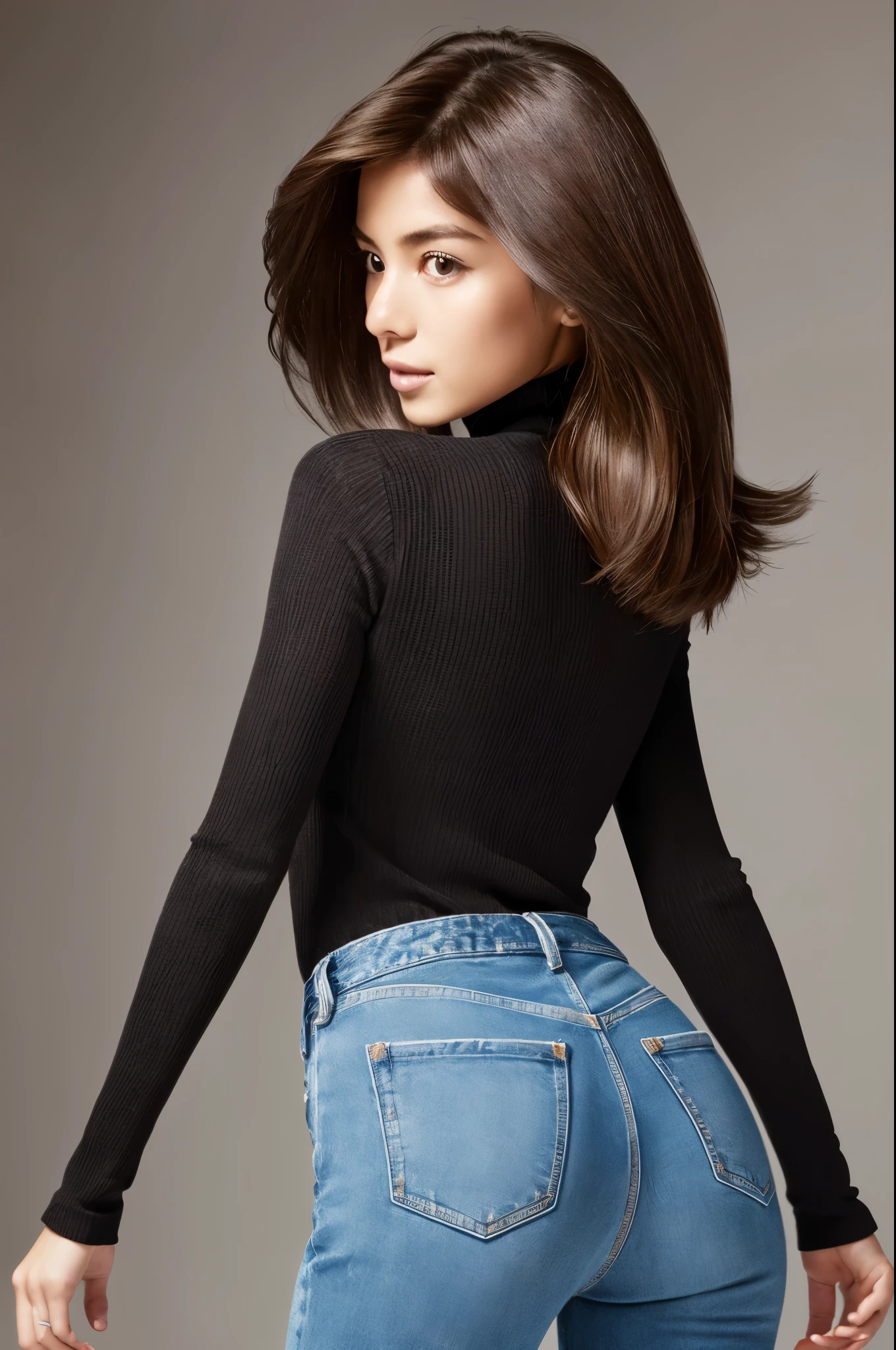 ((top-quality, in 8K, masterpiece:1.3)), Beautiful Japanese woman, perfect body:1.4, Slim abs:1.2, ((Medium Hair, straight haired:1.2)), (turtle neck, Riders Jacket, denim:1.1), (a street:1.2), wetbody:1.5, Three-dimensional texture, A detailed eye, Brown hair, Very shiny hair, posterior view, Hair quality improvement