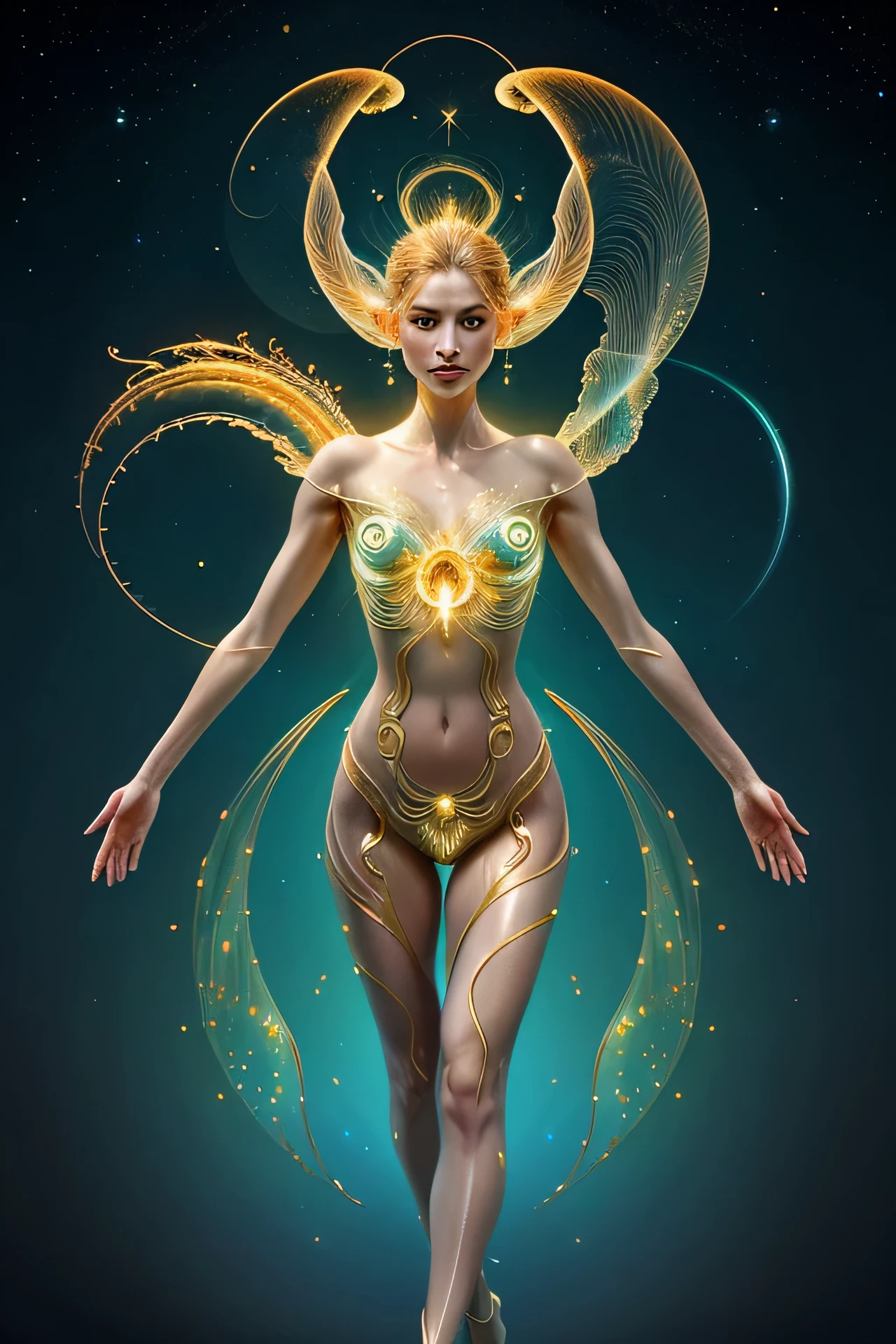 Gracefully flowing creature, his celestial origins are evident in his delicate form and shimmering translucent skin.... The image is a stunning digital painting..., creature demonstration&#39;fine features and radiance. Her body, resembling a mixture of half-fish with a tail and half-beautiful human woman from navel to head, Dressed in clothes, it is a mixture of jellyfish and golden rose., radiated an enchanting glow, emitting otherworldly light. Its elongated antennae twist and turn..., giving the impression of graceful movements, Frozen in time. Intricate details and vibrant colors bring this celestial creature to life..., inviting viewers to explore his mysterious existence.