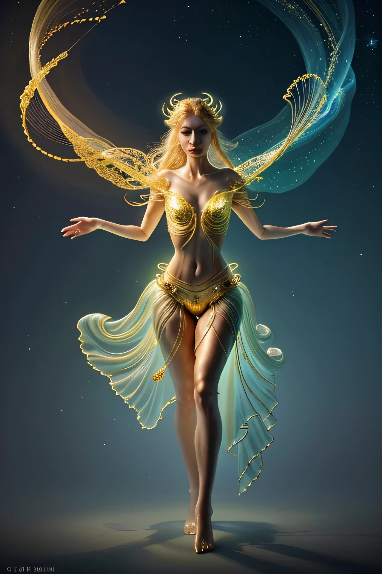 Gracefully flowing creature, his celestial origins are evident in his delicate form and shimmering translucent skin.... The image is a stunning digital painting..., creature demonstration&#39;fine features and radiance. Her body, resembling a mixture of half-fish with a tail and half-beautiful human woman from navel to head, Dressed in clothes, it is a mixture of jellyfish and golden rose., radiated an enchanting glow, emitting otherworldly light. Its elongated antennae twist and turn..., giving the impression of graceful movements, Frozen in time. Intricate details and vibrant colors bring this celestial creature to life..., inviting viewers to explore his mysterious existence.