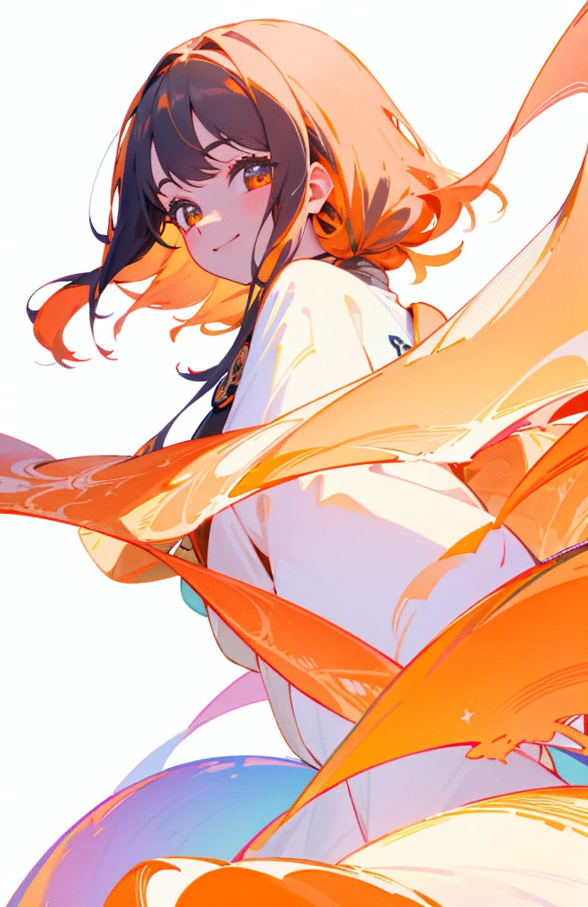 unity 8k wallpaper,,beautiful,masterpiece,highest quality,girl,,whole body,looking at the viewer,smile,detailed decorations on clothes,Describe the hair in detail, Hair is depicted as thinner,face forward,The background is simple, white and orange color.