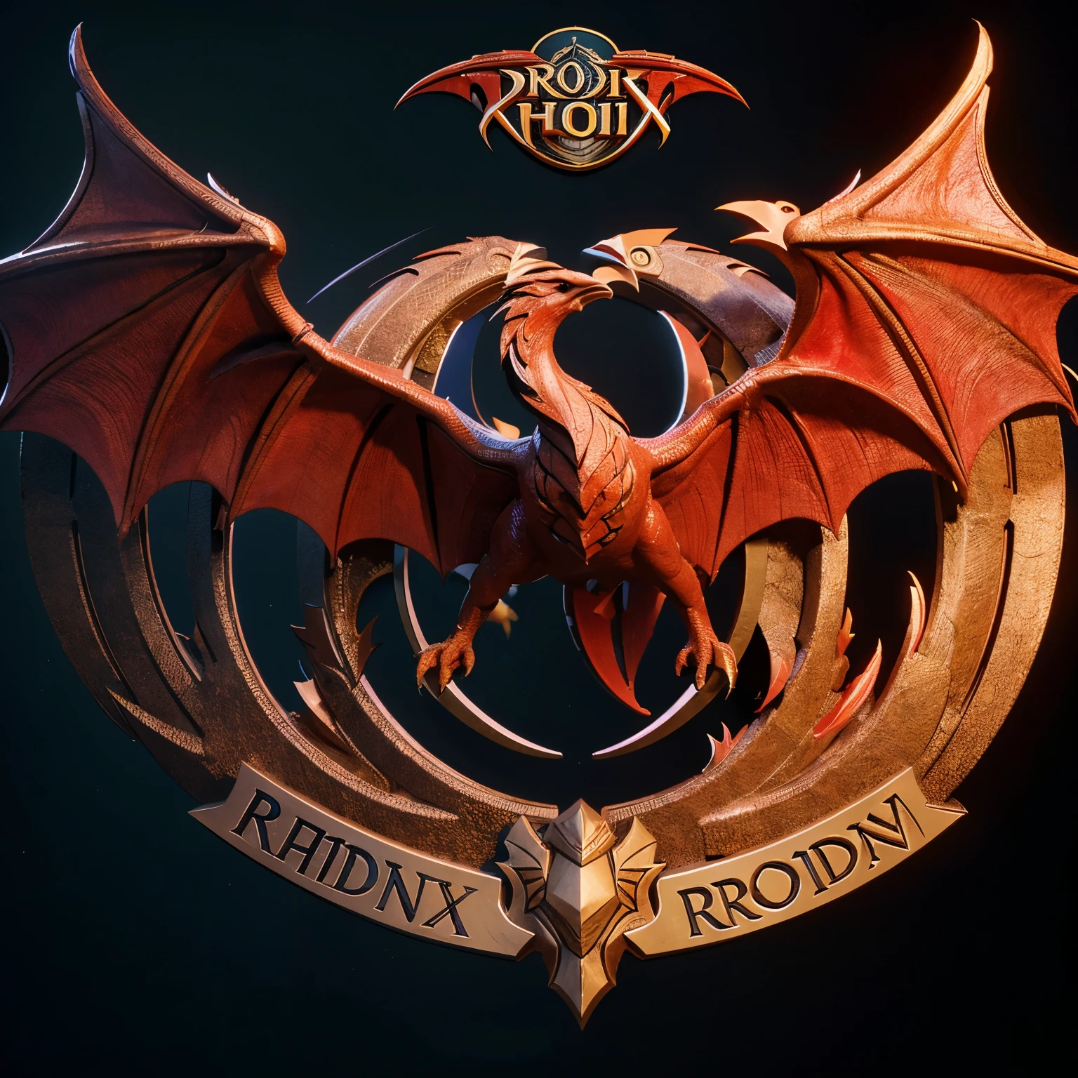 3D logo with the text "RAYA" behind which there are PHOENIX and DRAGON birds in the shape of a CARVING, gives a sturdy and futuristic impression, a dragon surrounds the text, with contrasting and strong colors, a combination of traditional and modern elements, the text is modern and graphic.