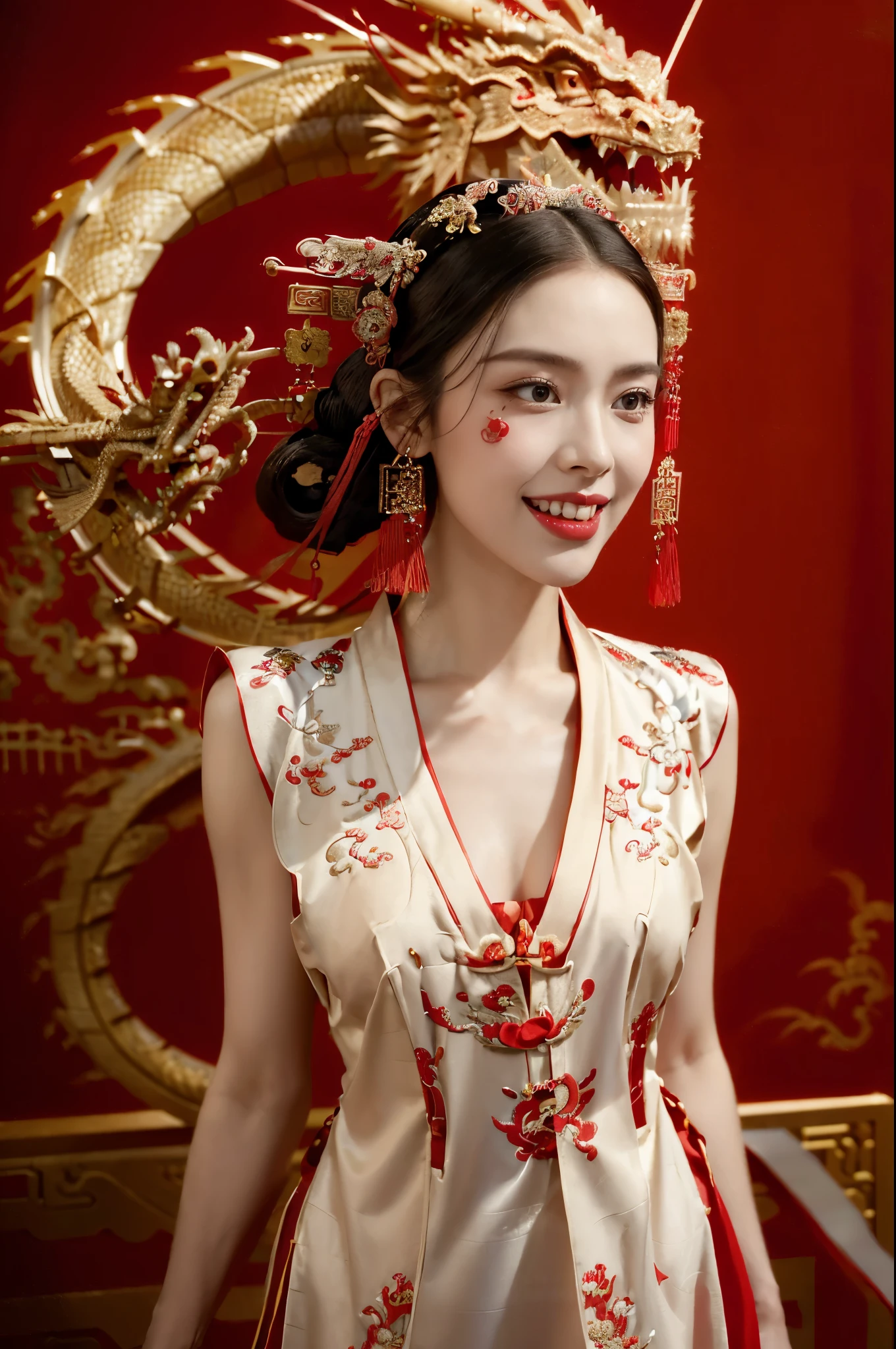 ((((8k))),((Extremely meticulous CG)) ,(wallpaper),16k,((Extremely refined and beautiful)),(((Masterpiece))),(((best qualtiy))),(((Ultra High Resolution))),beautiful light up,Perfect lightning,realistic shaded,(A high resolution),(Smooth and flawless fair skin:1.5),(pale skin:1.3),(Extremely exquisite facial details:1.3),(perfect body:1.1),(ultra-detailed),A beautiful girl,solo,small head,(Ancient Chinese female hairstyles:1.2),(short ponytail:1.1),(small face:1.2),(small :1.1),flat chests,(happy:1.3),(laughing:1.5),(slim,thin),(collar),(cleavage),(Maxi red hanfu with exquisite embroidered dragon patterns:1.5),(red wedding robe:1.2),(slender legs:1.2),(Suspender-stockings:1.2),(high heels:1.2),(night scene:1.3),indoor,(in a Chinese palace:1.5),(Luxury decoration:1.3),(detailed background:1.5),(arms behind back:1.3),(standing:1.3),(looking at the viewers:1.2),(beside a Chinese dragon:1.3),(close-up of upper body:1.5),(from front:1.3),(winter:1.2),(Spring Festival atmosphere:1.2)