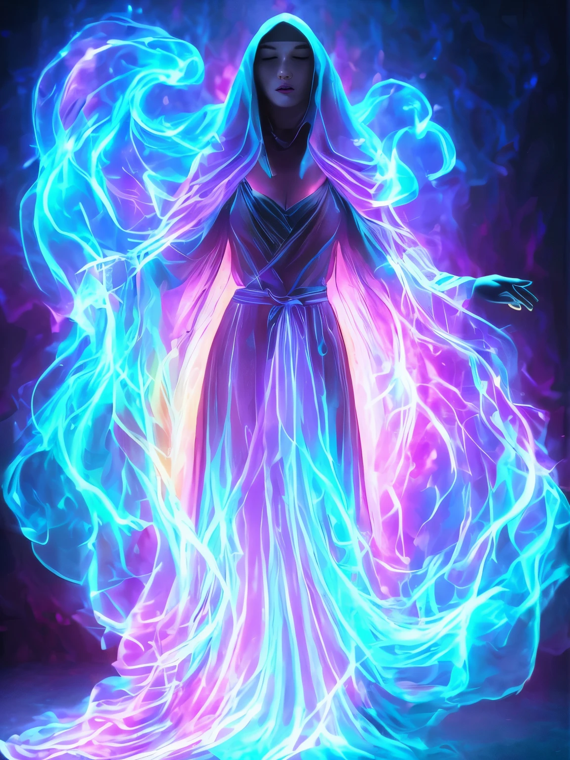 arafed woman in a long dress with glowing arms and a hood, flowing magical robe, flowing robes, casting a multi colored spell, dark flowing robe, flowing robe, flowing magical flesh robe, ornate flowing robes, colorful robes, fantasy robe, ornate flowing robe, wearing flowing robes, cloaked woman, sorceress, a beautiful sorceress, vibrant fantasy style