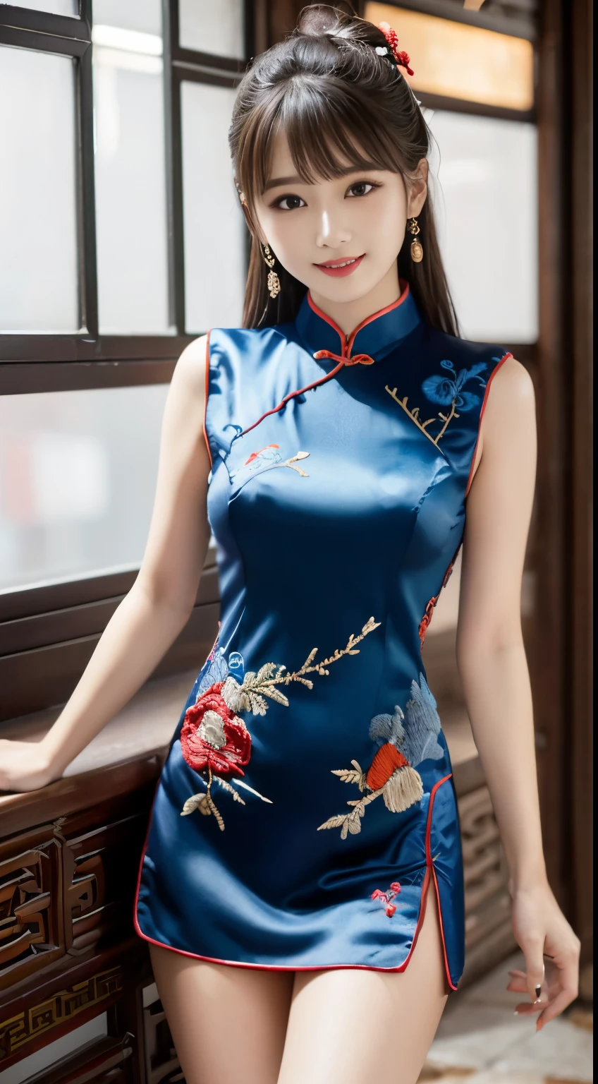(highest quality、Super high resolution、masterpiece:1.3), valley、big breasts、Plump thighs、Midhair with bangs, detailed moisturized eyes, rough skin, highest quality, 8K, blurred background, (big breasts, long legs, Legs exposed through slits), Wearing slip-ons, natural color lip, smile, woman with perfect style, You're in a high-traffic area, (Colorful patterns(Red and blue embroidery)Cheongsam for girls:1.2), facing the front, look at the camera