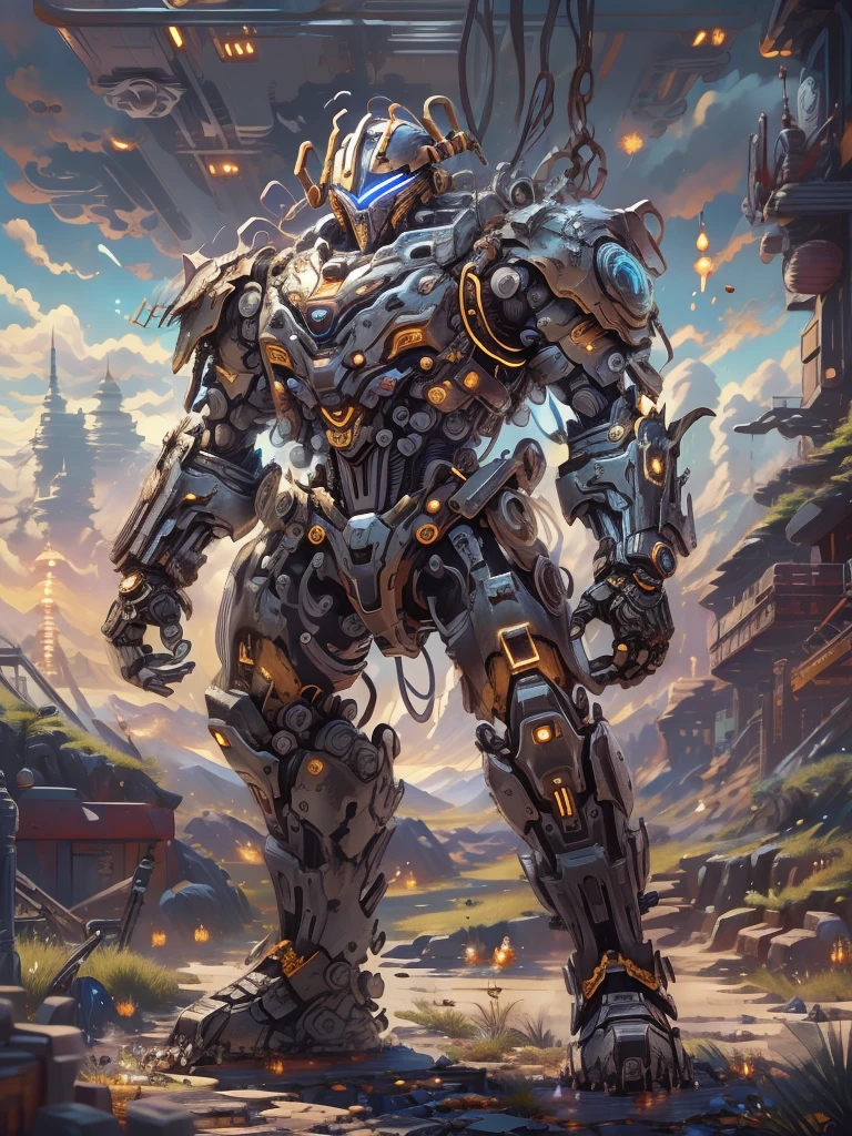 (远景:1.8), (全身照:1.5), A half-mechanical male warrior with cybernetic enhancements stands in a futuristic battlefield, aiming his rifle. His body is a complex assembly of intricate mechanical parts, cables, and gears, symbolizing the fusion of human and machine. The environment is a desolate, war-torn landscape, showcasing a stark contrast between the remnants of a once-civilized world and the advanced technology that now dominates. The warrior's posture is focused and determined, highlighting his readiness for combat. The details of his mechanical parts are meticulously designed, showing pistons, wires, and metal plates that interlock to create his formidable form. The scene is set during twilight, casting long shadows and creating a dramatic interplay of light and darkness, emphasizing the tension of the moment. This portrayal captures the essence of a futuristic warrior, blending elements of science fiction with a gritty realism, ,(眼睛正面看着观众:1.5)