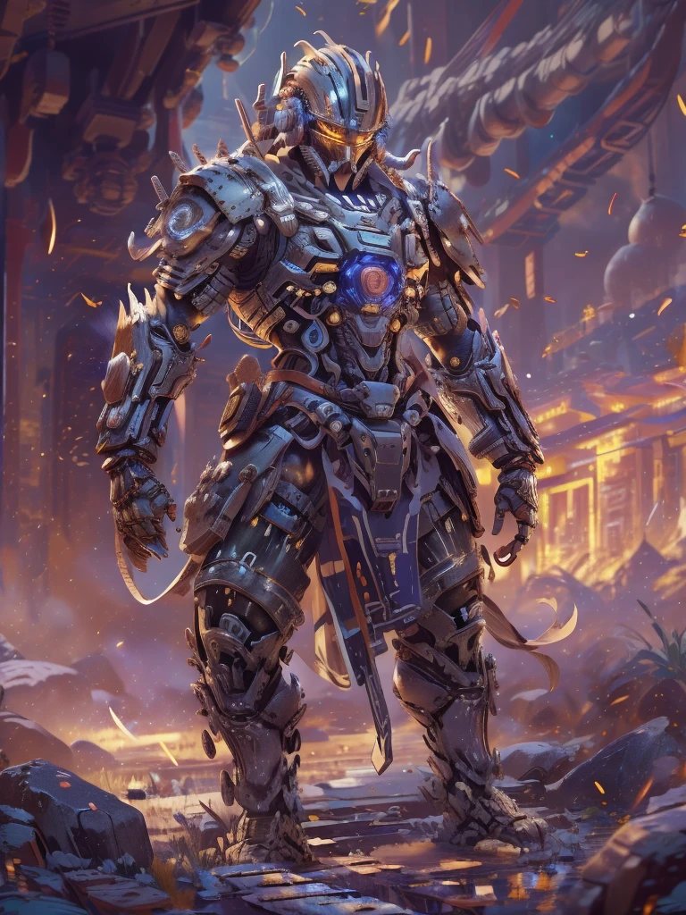 (远景:1.8), (全身照:1.5), A half-mechanical male warrior with cybernetic enhancements stands in a futuristic battlefield, aiming his rifle. His body is a complex assembly of intricate mechanical parts, cables, and gears, symbolizing the fusion of human and machine. The environment is a desolate, war-torn landscape, showcasing a stark contrast between the remnants of a once-civilized world and the advanced technology that now dominates. The warrior's posture is focused and determined, highlighting his readiness for combat. The details of his mechanical parts are meticulously designed, showing pistons, wires, and metal plates that interlock to create his formidable form. The scene is set during twilight, casting long shadows and creating a dramatic interplay of light and darkness, emphasizing the tension of the moment. This portrayal captures the essence of a futuristic warrior, blending elements of science fiction with a gritty realism, ，(眼睛正面看着观众:1.5)