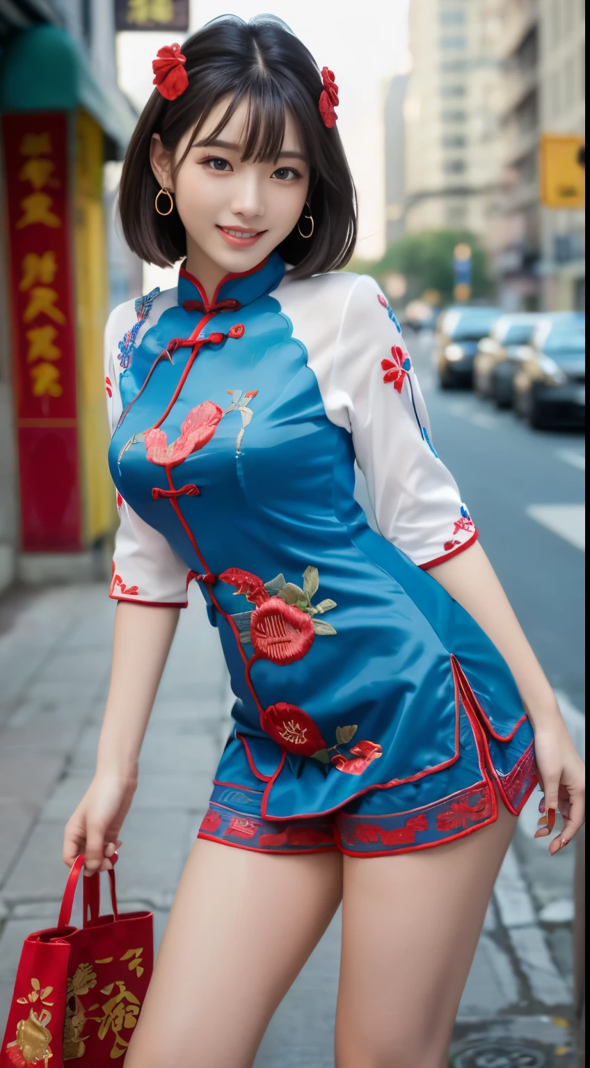 (Highest quality、Ultra-high resolution、masterpiece:1.3),((Red mini cheongsam 1.2)), Middle-length hair with bangs, Moisturized eyes down to the finest detail, ((Shiny skin 1.5)), Highest quality, 8k, Slightly blurred background, (Big Breasts , Beautiful feet, Legs exposed through slits), Standing posture,Model pose,Wear heels, Natural color lip, smile, A woman with perfect style, ((Busy city background during the day)), (Colorful patterns(Red and blue embroidery)Red Mini China Clothes:1.5), Look forward, Looking into the camera