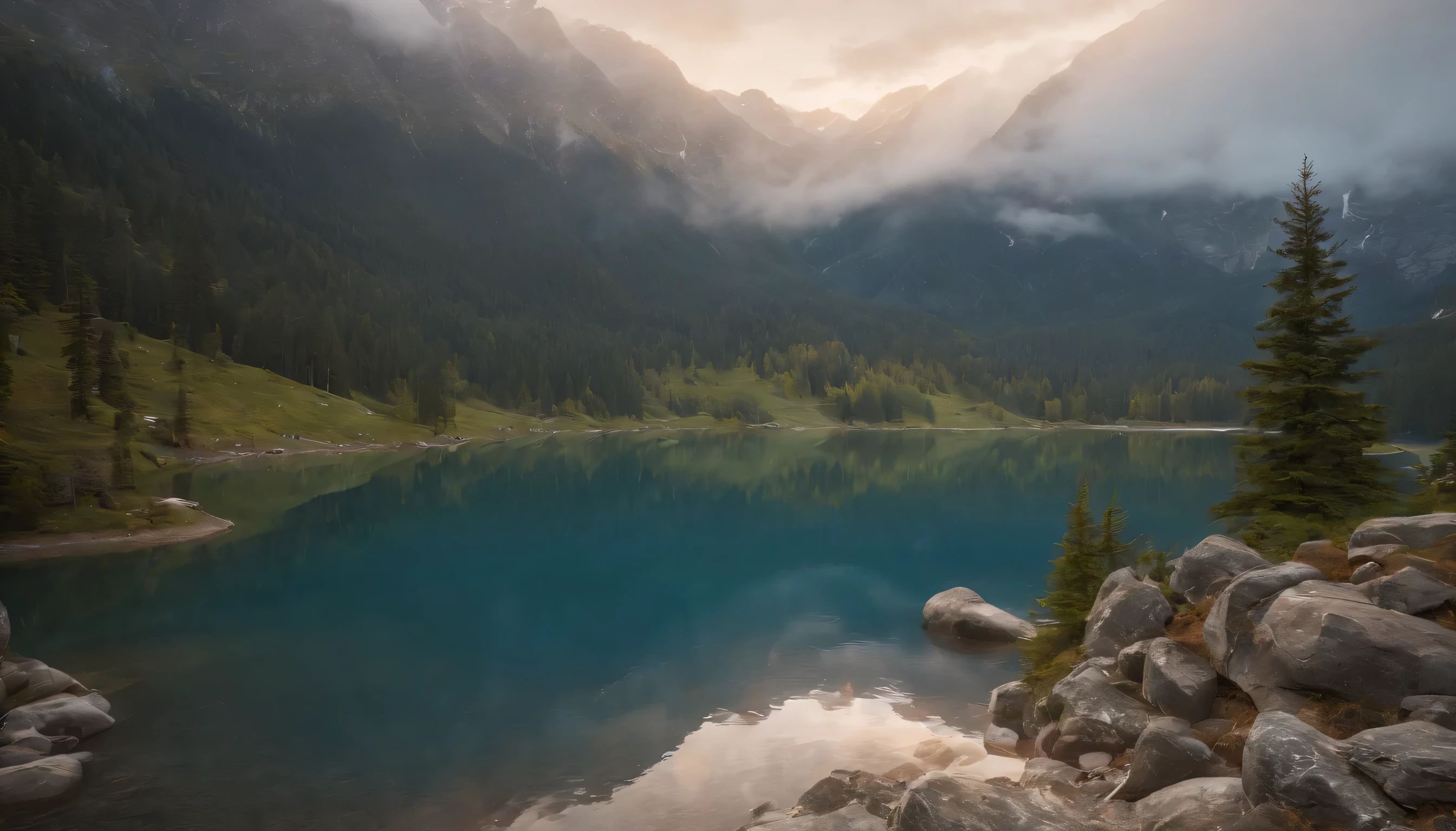 (Highly detailed CG Unity 8K wallpaper、masterpiece、highest quality、Super detailed)、(best lighting、best shadow、very delicate and beautiful)、highest quality、8K、Detailed facial depiction、masterpiece、highest quality、clear image quality、A snowy field spread out on the shore of a quiet lake and a mountain reflected in it々