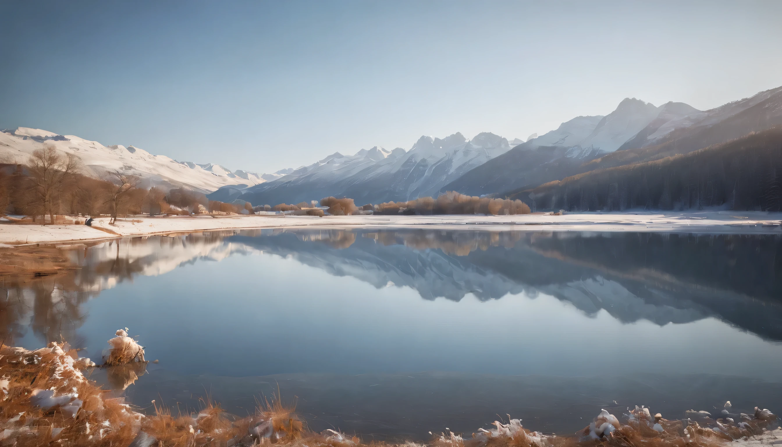 (Highly detailed CG Unity 8K wallpaper、masterpiece、highest quality、Super detailed)、(best lighting、best shadow、very delicate and beautiful)、highest quality、8K、Detailed facial depiction、masterpiece、highest quality、clear image quality、A snowy field spread out on the shore of a quiet lake and a mountain reflected in it々Photo of