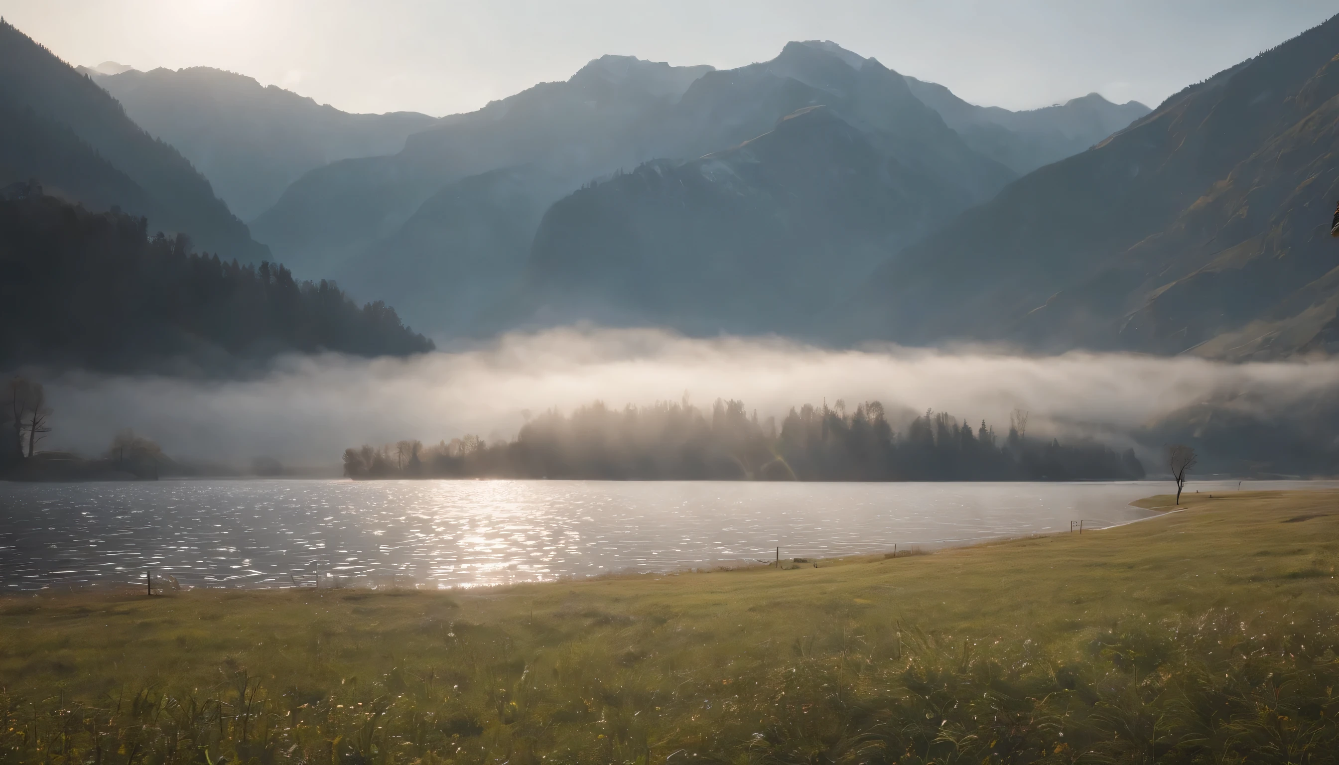 (Highly detailed CG Unity 8K wallpaper、masterpiece、highest quality、Super detailed)、(best lighting、best shadow、very delicate and beautiful)、highest quality、8K、Detailed facial depiction、masterpiece、highest quality、clear image quality、A snowy field spread out on the shore of a quiet lake and a mountain reflected in it々Photo of